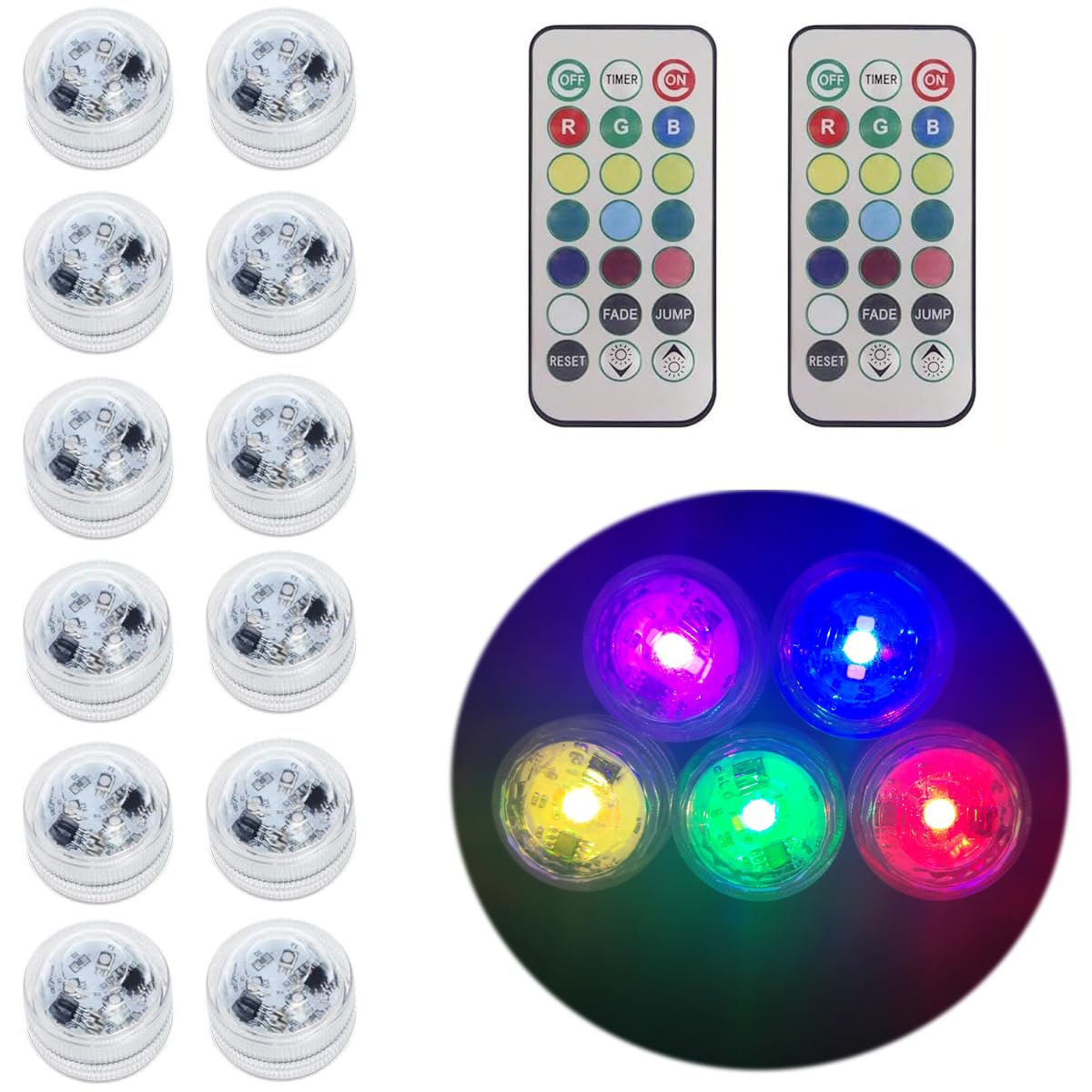 Anziner 12 Pack Submersible LED Tea Lights with Remote and Timer,Mini led Lights Waterproof RGB Underwater Led Pool Lights with Remote for Vase,Fishtank,Wedding,Party