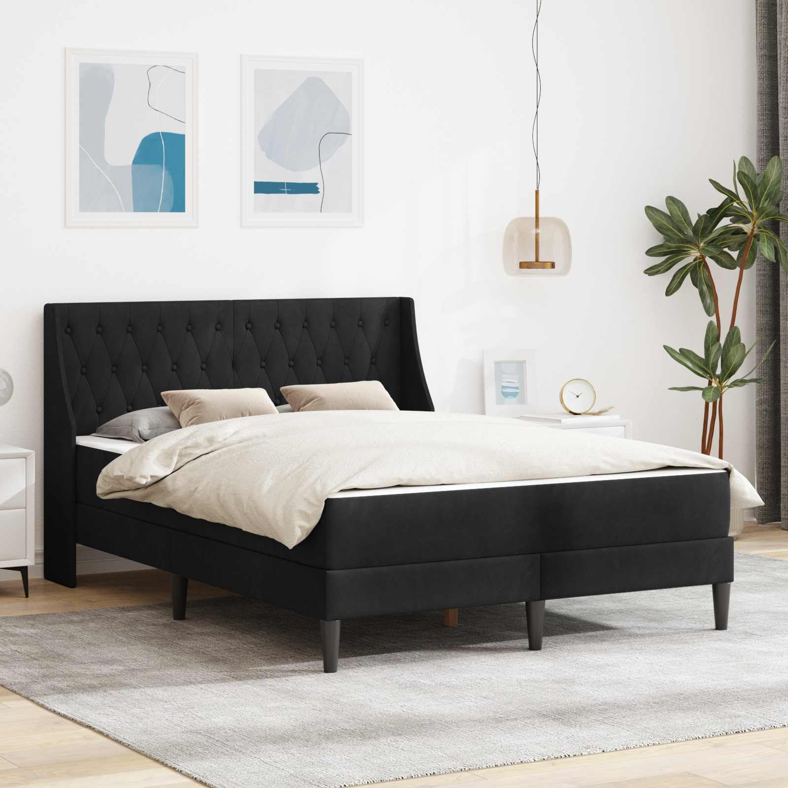 Rama łóżka z materacem, czarna, 120 x 200 cm, aksamitna, w zestawie ze stelażem i nakładką z pianki do wygodnego spania w sypialni