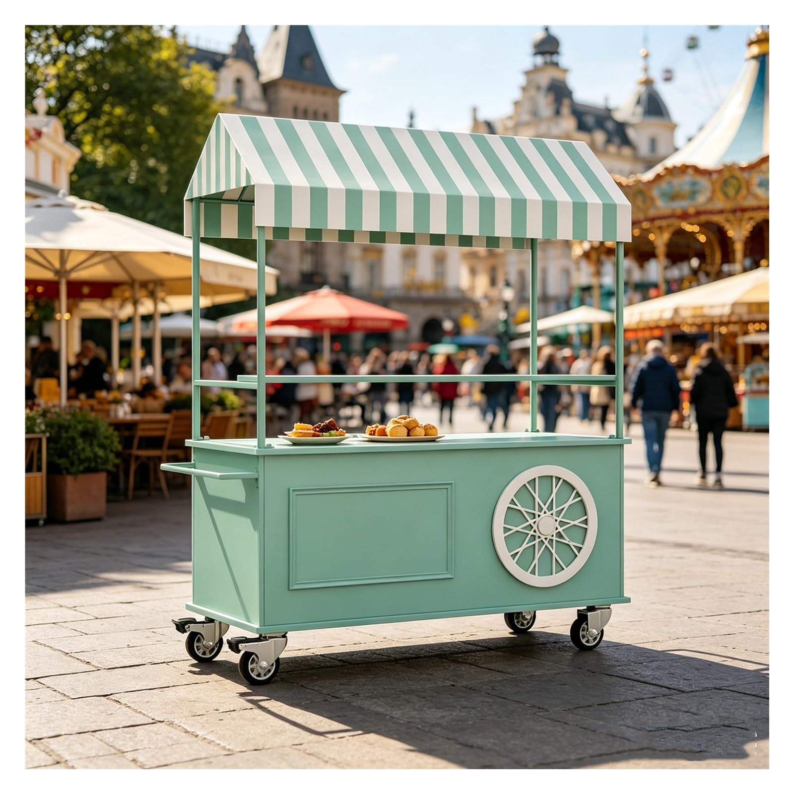 Market Stall with Striped Awning, Metal Frame, Outdoor Markets Cart, Double-tier Display Counter and Storage Cabinet, Lockable Casters, and Handrails