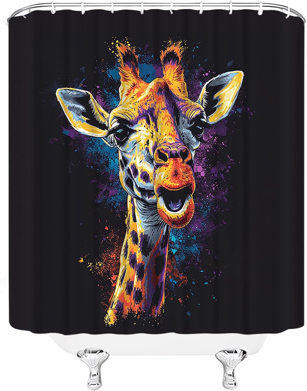 Giraffe Extra Long Shower Curtain,Funny Animal Wildlife Watercolor Yellow Black Bathroom Home Curtain Decor with Hooks,70x78 Inch