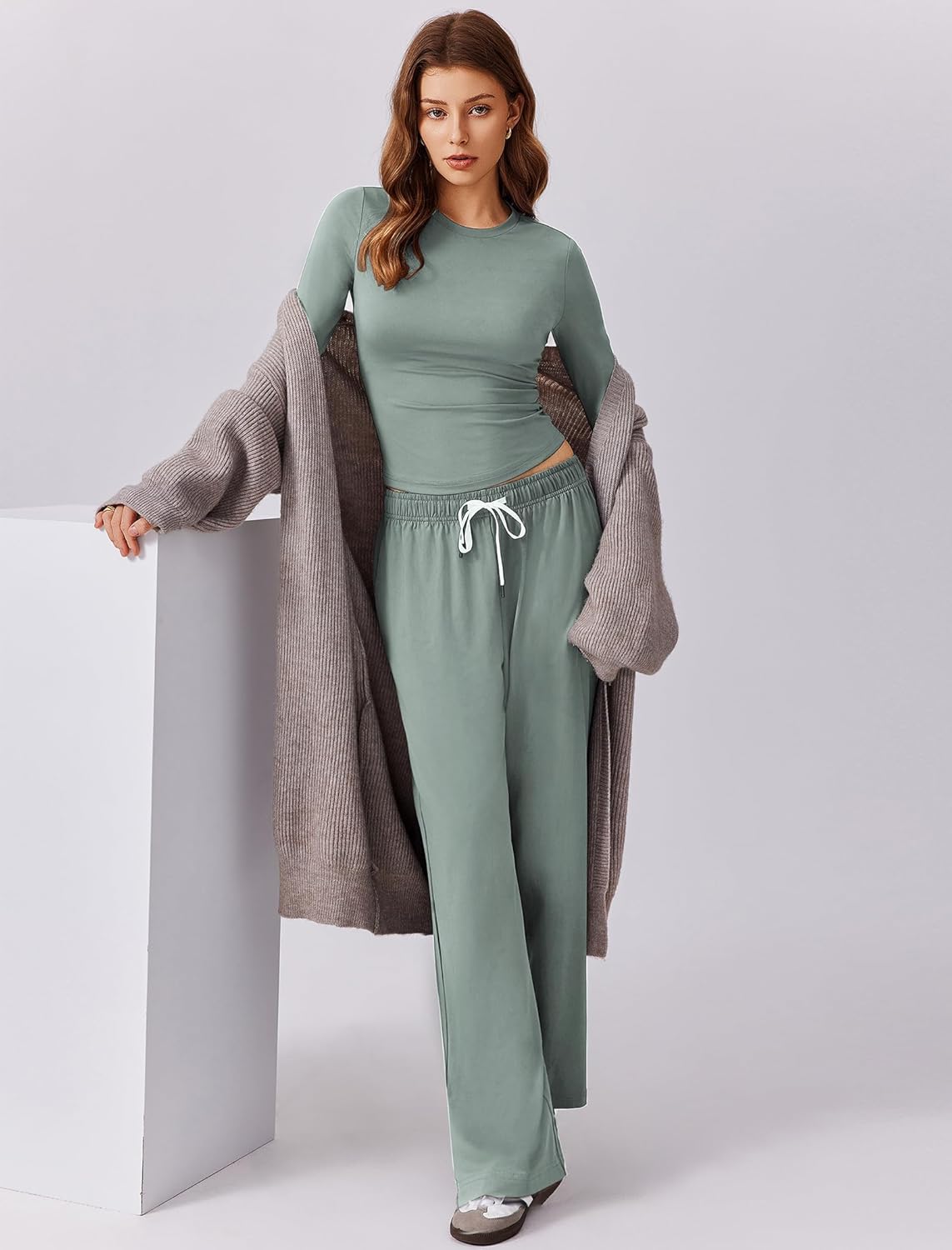 PINSPARK Womens Lounge Sets 2 Piece Outfits Cropped Top Wide Leg Pants Comfy Workout Track Suits Airport Outfit with Pockets 2024, Grey Sage XS - Image 4