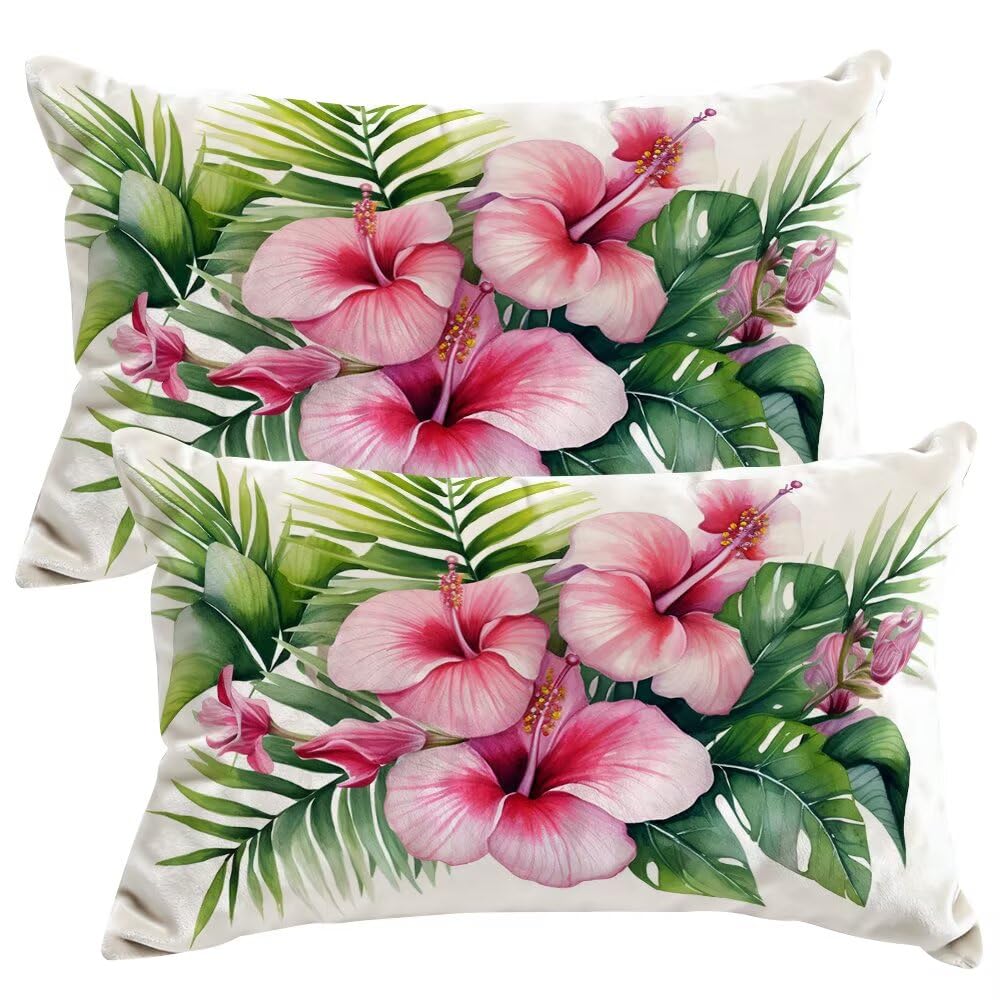 Set of 2 Velvet Cushion Covers 40x50 cm Summer Flowers Cushions Covers Decorative Throw Pillow Case Plants Sofa Pillows 16x20 Inch Cushion Cover with Invisible Zipper for Livingroom Bedroom -SC407