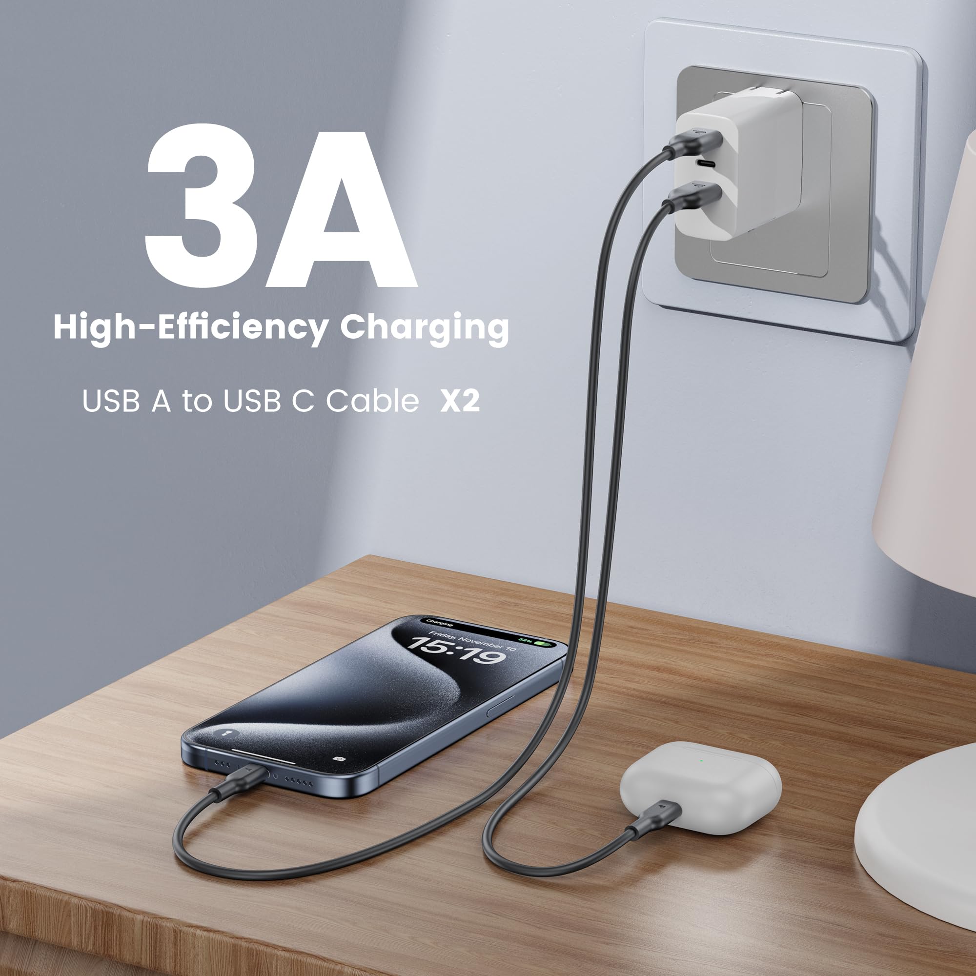 RAMPOW Cavo USB Type-C 4Pack 2M, Cavo USB C a USB C 60W, Cavo USB A USB C 3A, Cavo USB C per iPhone 16, Cavo USB Tipo C Ricarica Rapida per iPhone 15/16/15 Pro/16 Pro, iPad, Samsung Galaxy S22/S21