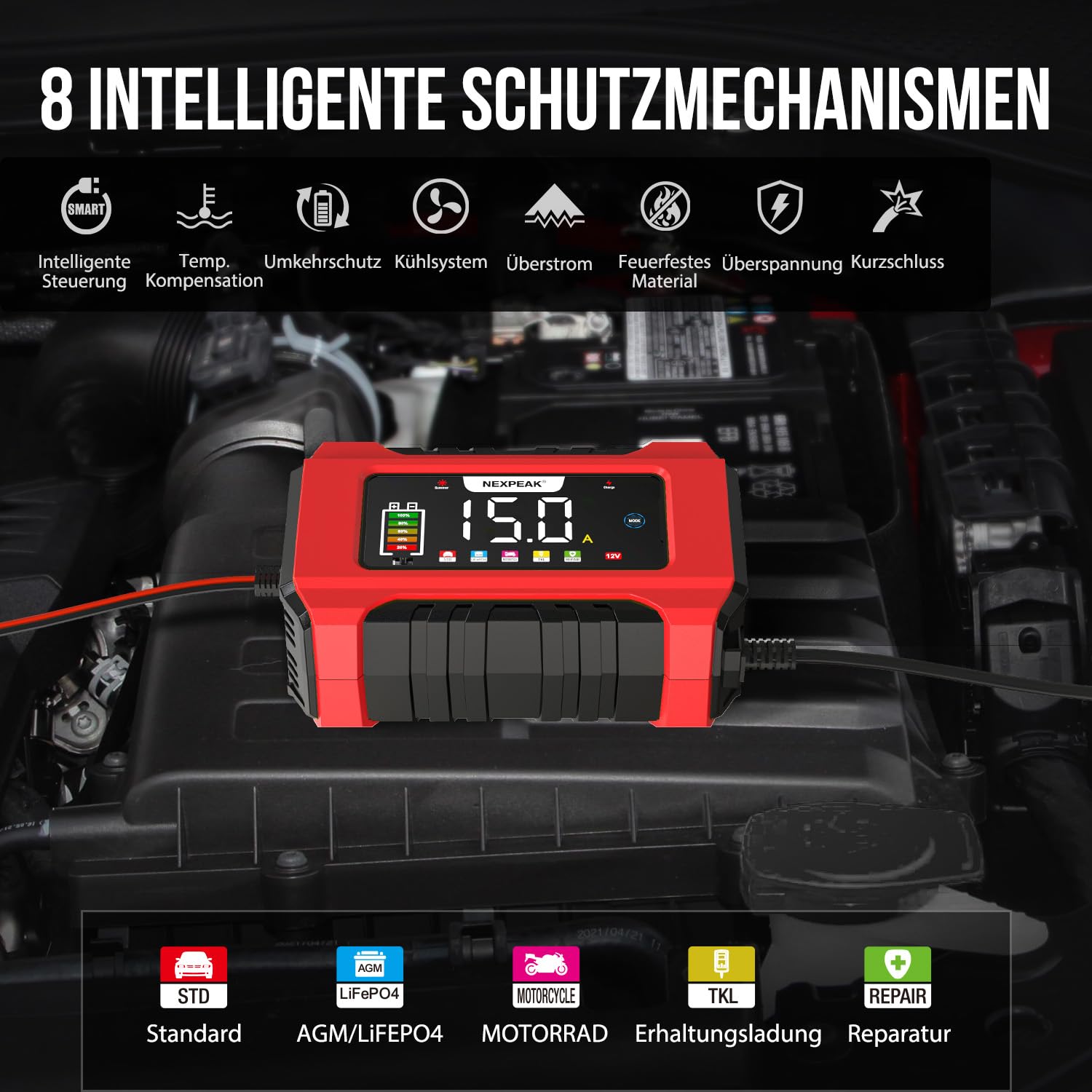 NEXPEAK NC215 15A Autobatterie Ladegerät, 12V 24V LiFePO4 Blei-Säure Tragbares Autobatterieladegerät 9-stufiges Intelligentes Batterieladegerät für Auto, LKW, Motorrad, Rasenmäher, Boot, Marine