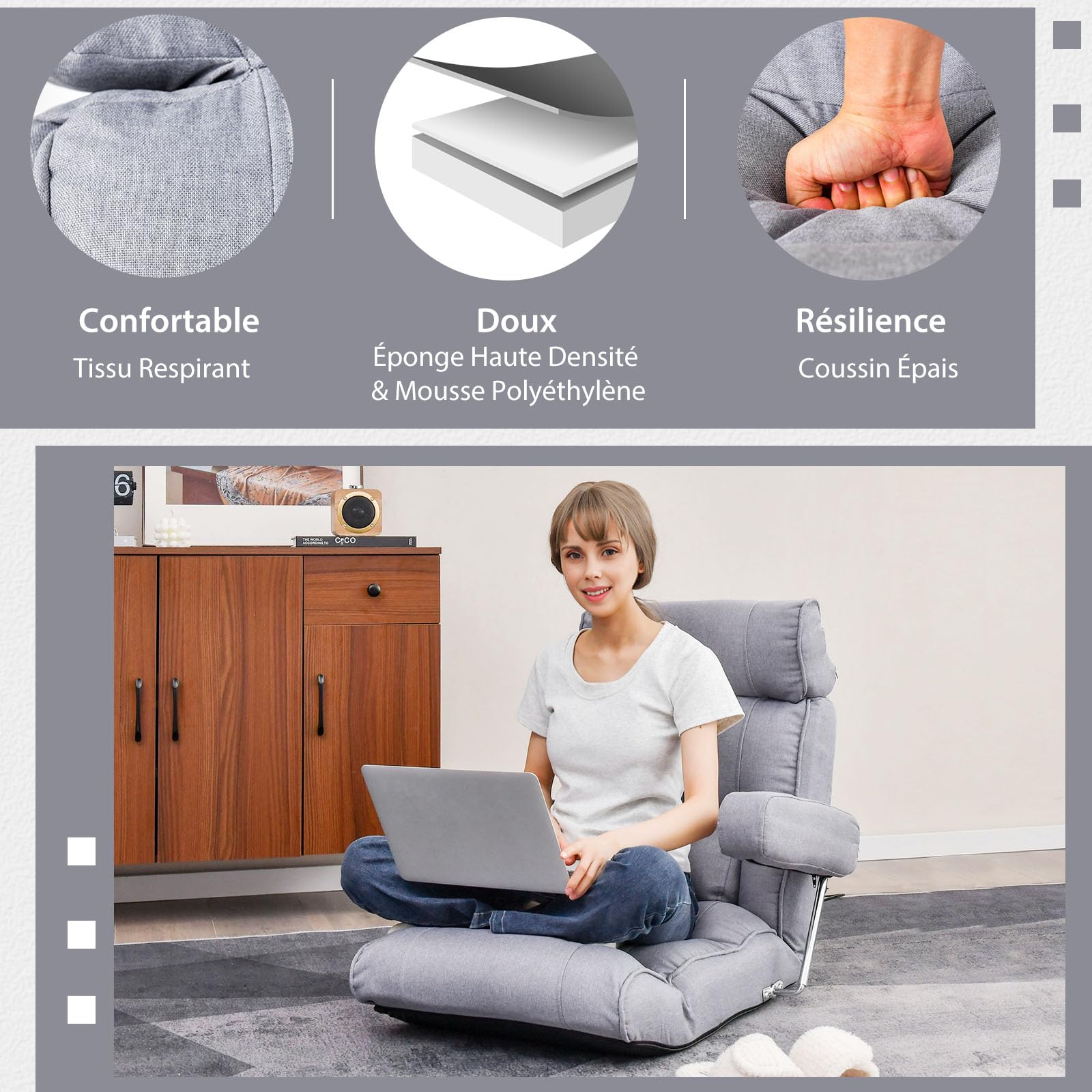 RELAX4LIFE Fauteuil de Sol Pliable avec Dossier Réglable 90-180°|Appui-Tête Réglable|Support Lombaire|Position à Plat|Accoudoirs Rabattables, Fateuil Relaxant pour Salon Chambre Bureau (Gris)