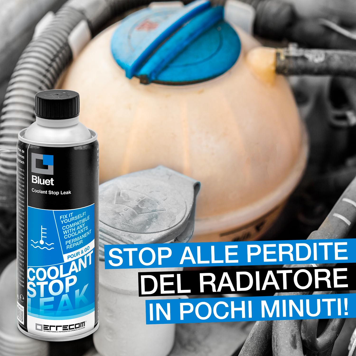 ERRECOM Bluet, Turafalle per Risolvere Le Perdite di Liquido dal Radiatore e dagli Impianti di Raffreddamento degli Autoveicoli e dei Motocicli, Flacone da 250 mL