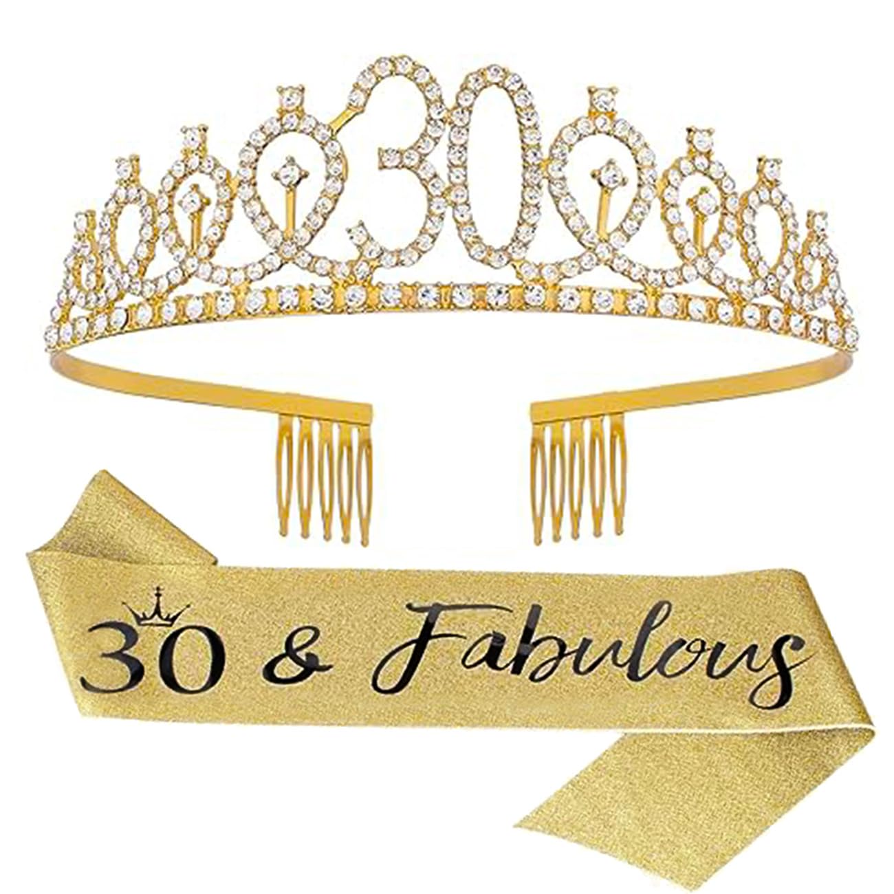 Topfunyy 30th Birthday Tiara and Sash Set - 30 & Fabulous Shinning Gold Sash Crystal Crown Birthday Gift for Women 30th Birthday Party Supplies