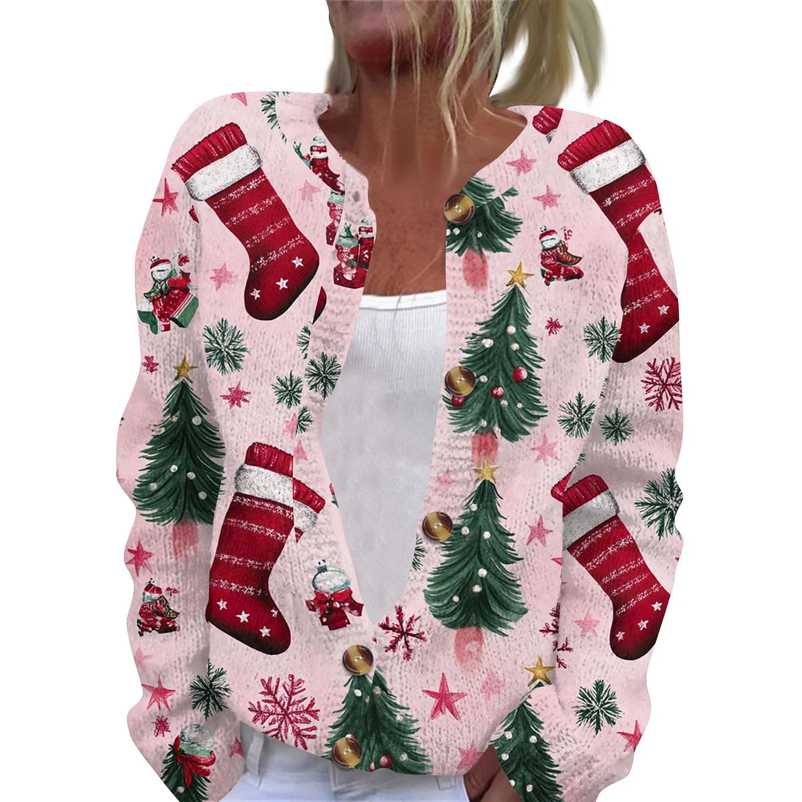 Ugly Christmas Sweater Women Cute Funny Xmas Open Front Button Cardigans Long Sleeves Casual Fall Winter Knitted Coat