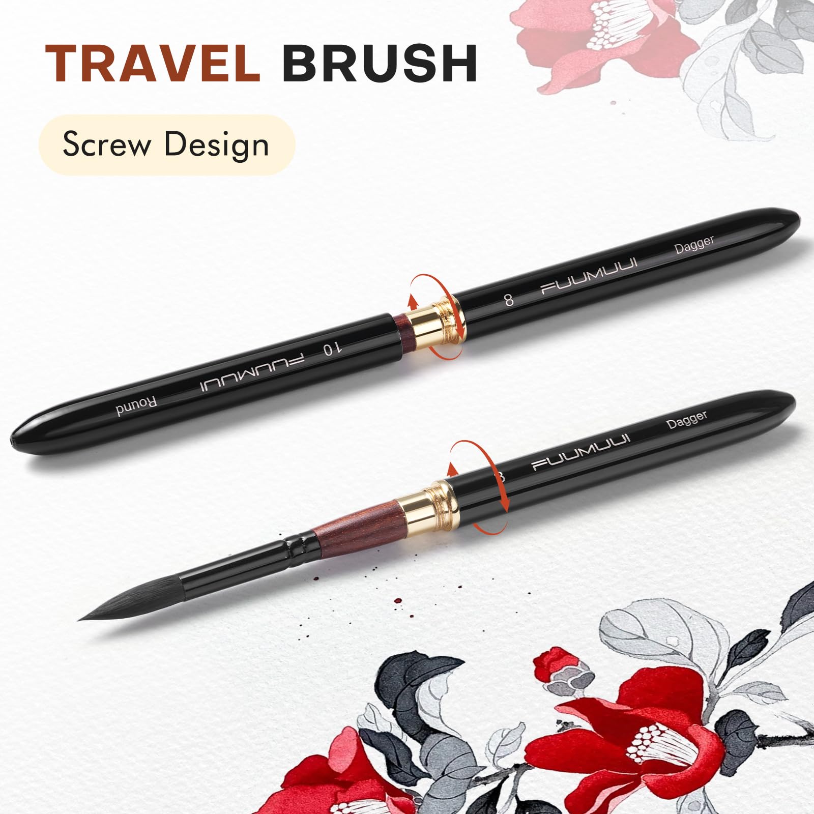Pennelli da Viaggio a Doppia Punta Professionali - 3 Pennelli di pelo Sintetico Scoiattolo con Custodia in Pelle per Acquerello, Guazzo, Inchiostro | Alto Assorbimento dell'Acqua | Watercolor Brushes