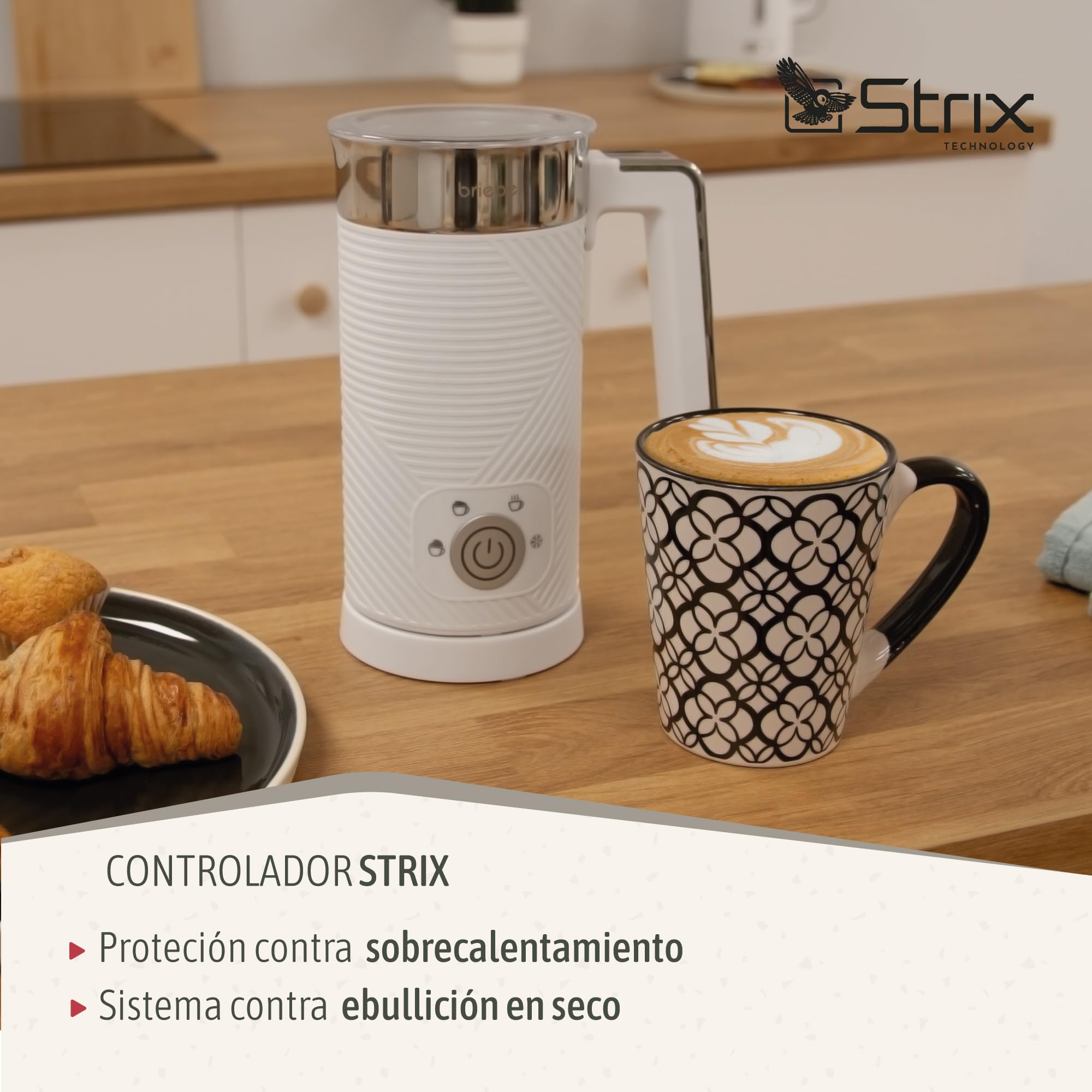 briebe Elegance Espumador de Leche Eléctrico Calentador 4 en 1, Espuma Fría/Caliente 130ml para Café Latte, Capuchino, Macchiato, Leche Caliente 300ml, Milk Frother, Libre BPA, 500W, Diseño Blanco