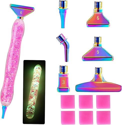 Snewvie Set de Herramientas y Accesorios para Lápiz de Pintura de Diamantes, 1 Bolígrafo Luminoso de Arte de Diamantes y 6 Puntas Multi Placer de