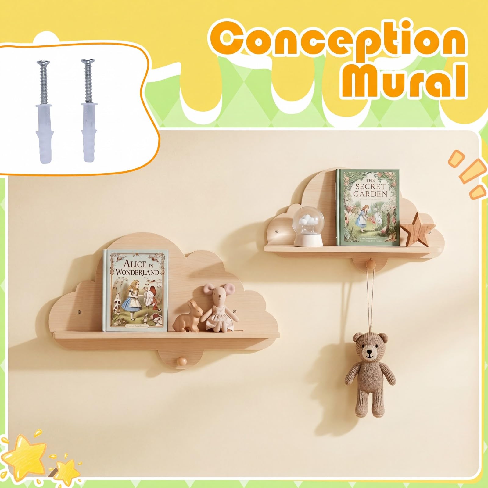 COSTWAY Lot de 2 Étagère Murale Enfant en Forme Nuage, Étagère Livre Enfant en Bois, Bibliothèque Flottante Montessori pour Livre Jouet pour Chambre Salle de Jeux (Naturel)