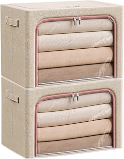 Douzi Pack of 2 Storage Boxes with Lid, Clothes Storage, Foldable Clothes Storage with Metal Frame, Fabric Box with Handles & Window, Storage Wardrobe, 66L Khaki