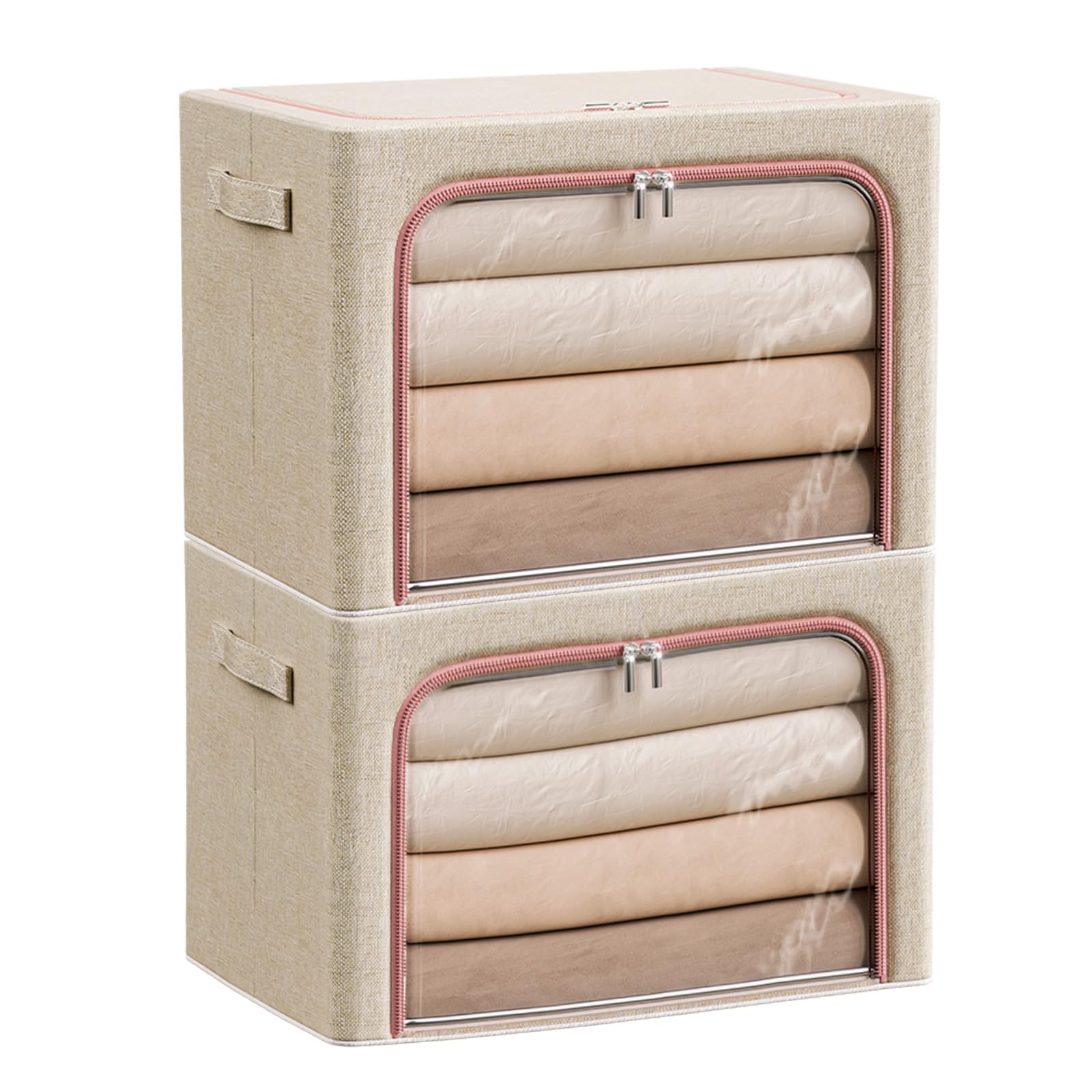 Douzi 2 Pack Clothes Storage Boxes Closet Organizers and Storage, Foldable Cloth Steel Frame Box for Storing Bedding,Blankets-Khaki-66L