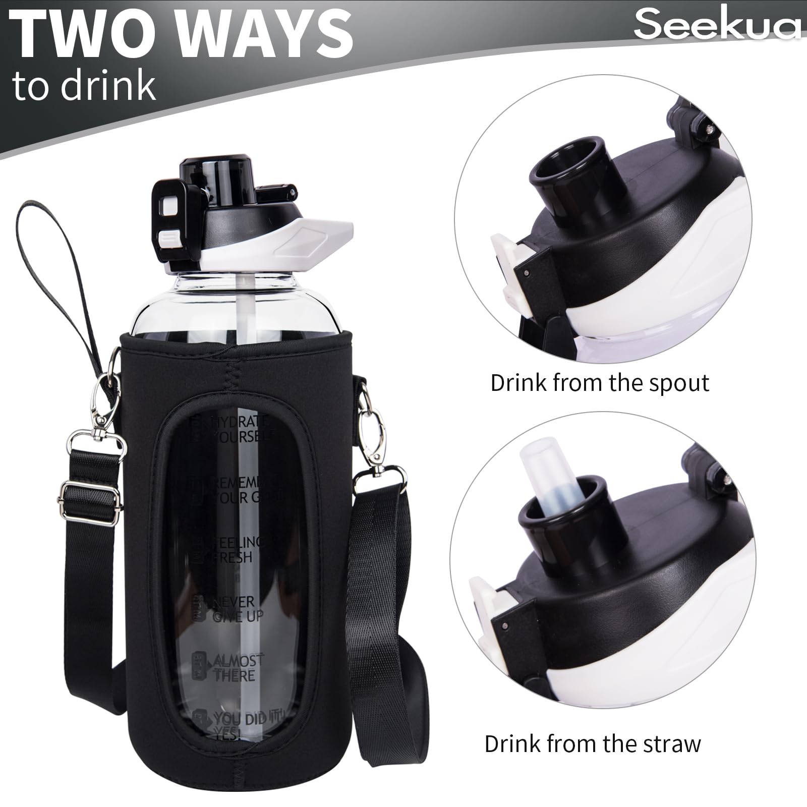 Grande bouteille d'eau de sport en verre de 1,4 l avec paille et marqueur de temps, bouteille de motivation quotidienne en verre avec sangle pour eau infusée aux fruits, smoothie, café