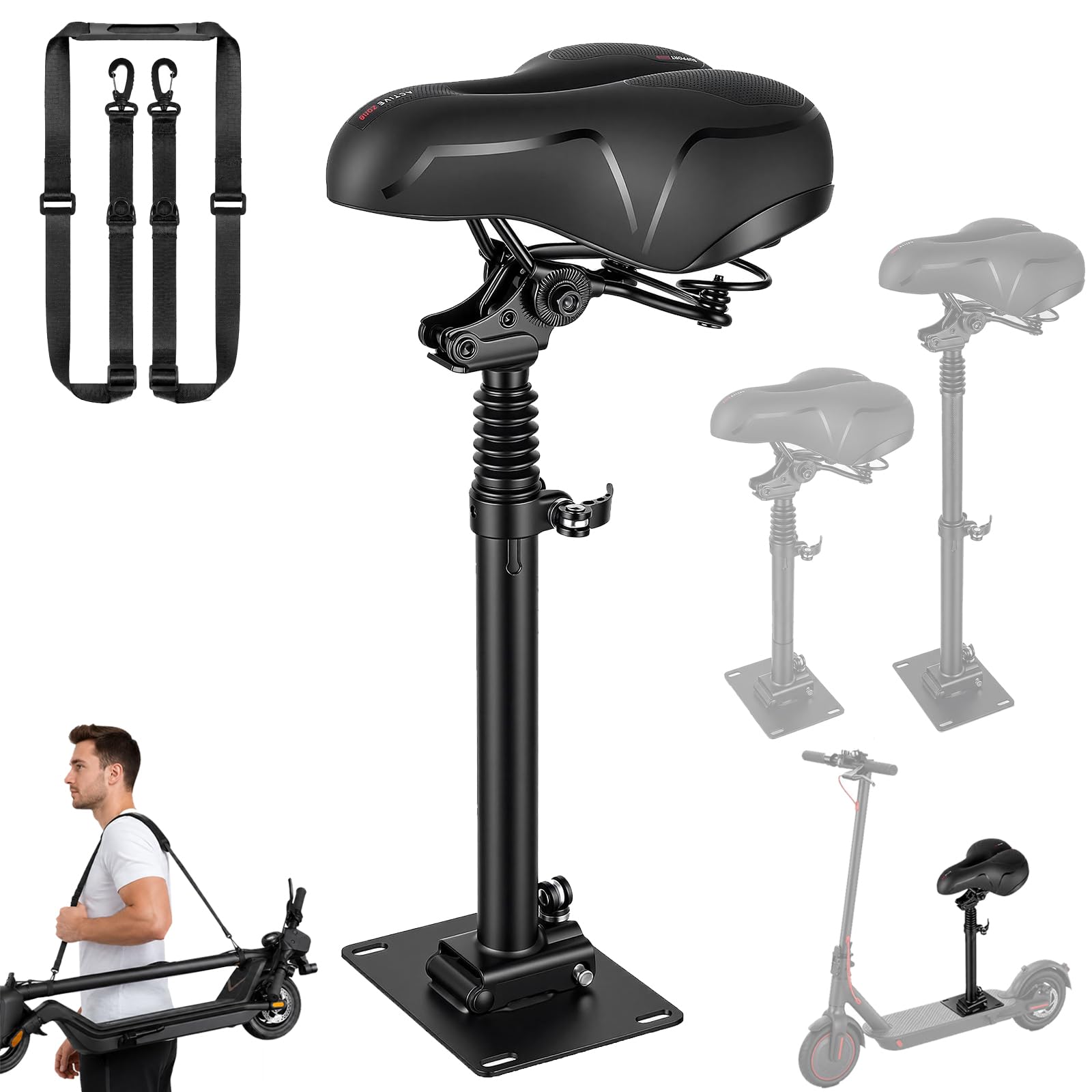 Elektro Scooter Sitz, Höhenverstellbarer Klappsitz für Elektroroller Erwachsene Kompatibel mit Segway Ninebot F3/E3/E3Pro Roller 45-65CM Sitzhöhe mit Stoßdämpfender Sitz Tragbarer Schultergurt