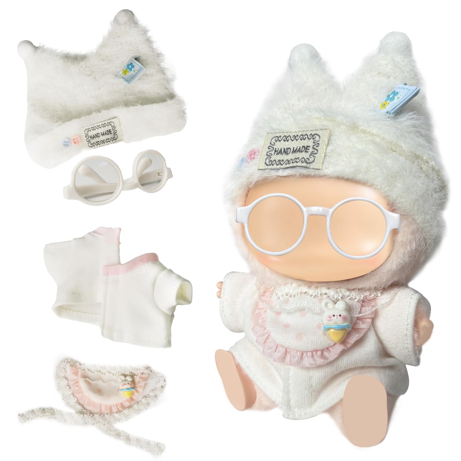 Cloth for Doll,4-Piece Clothes Outfit for 17cm ＆ 15cm (NO Doll) - White Shaped Velvet hat + Glasses + White Clothes + Pink Pinafore