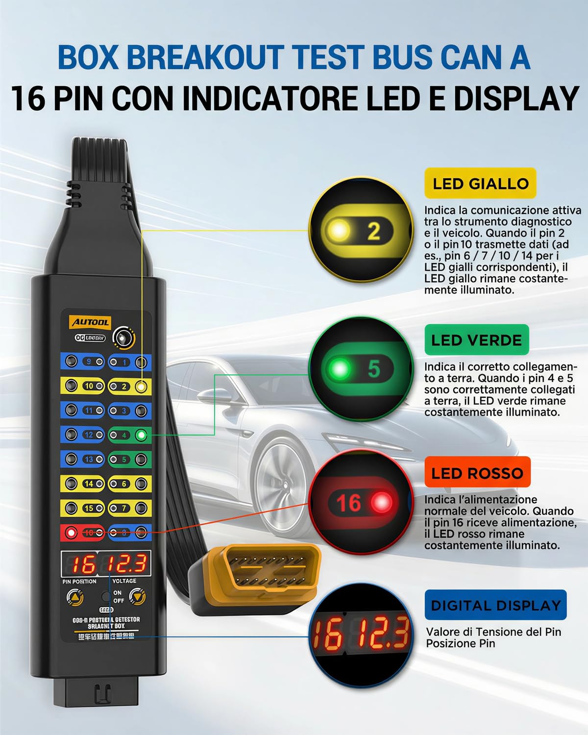AUTOOL Scatola derivazione OBD2, Rilevatore Protocollo OBD II Auto con Display Tensione, Connettore 16 pin, LED e Ponticelli, Compatibile con Scanner, Multimetro per Diagnosi Elettrica Veicoli