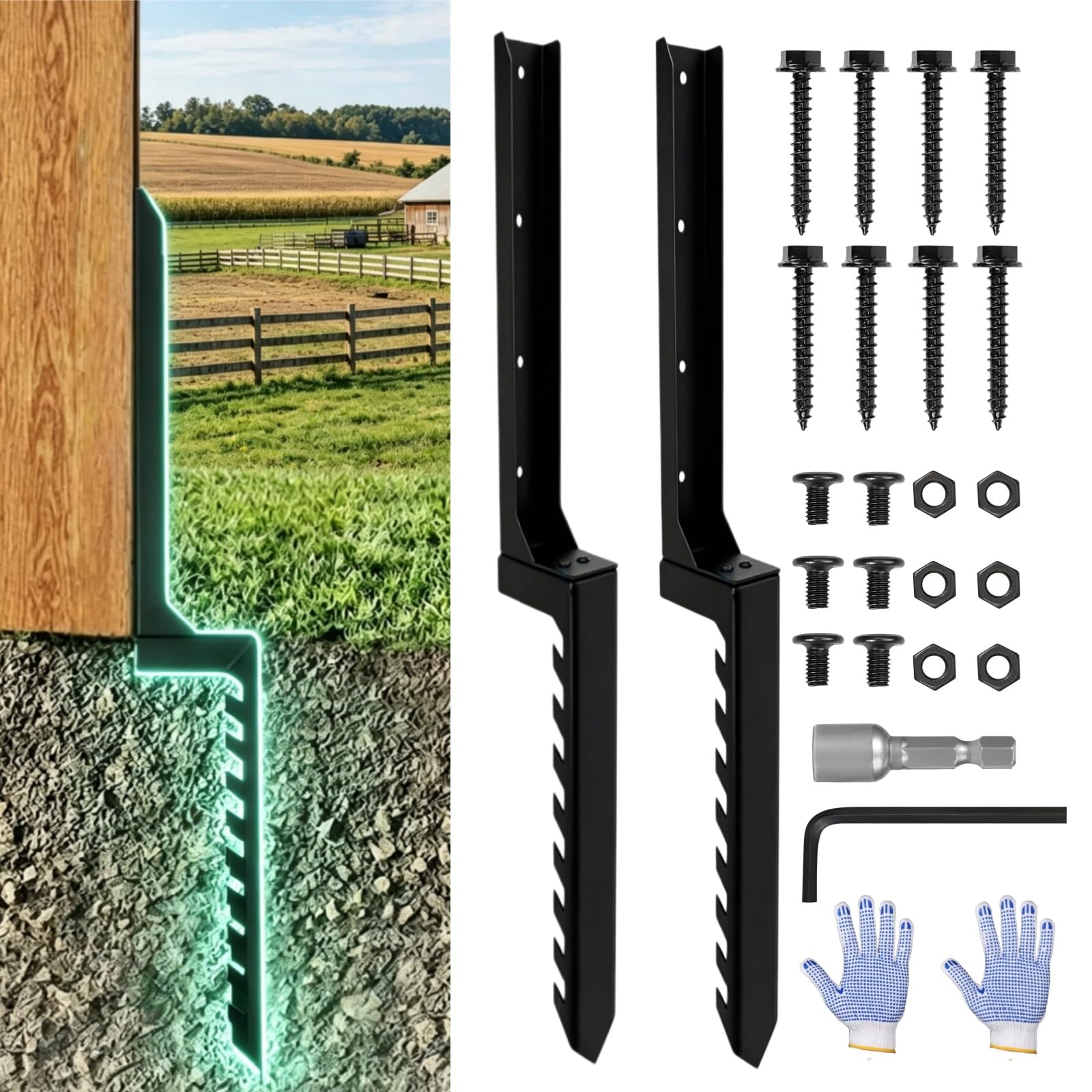 2 PS Heavy Duty Fence Post Repair Kit for Broken Timber Posts - Weather Resistant Steel Ground Anchor Spike, Thickened Serrated-Shaped Fence Post Repair Stakes, Stabilizes Tilted/Broken Garden Fence