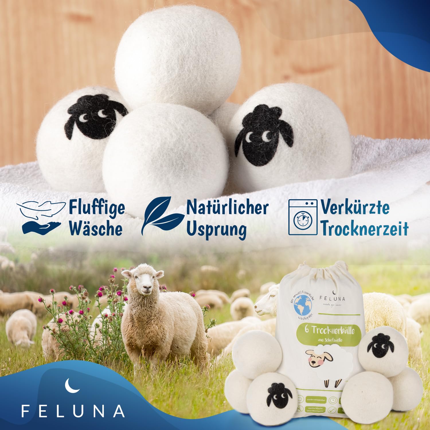 Feluna® Eco Dryer Balls do suszarek bębnowych zestaw 6 sztuk - Naturalny płyn do płukania tkanin wykonany w 100% z wełny owczej -Eco Dryer Balls Kulki do prania do suszarki
