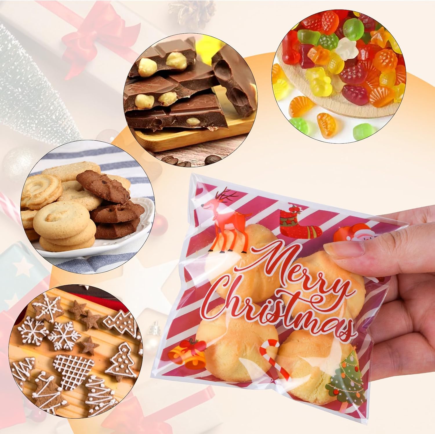 FamEaze Christmas Cellophane Bags, Self Adhesive,4 * 4 Inch,100PCS(4 Style) | Clear Christmas Cellophane Treat Bags for Party Favors Supplies