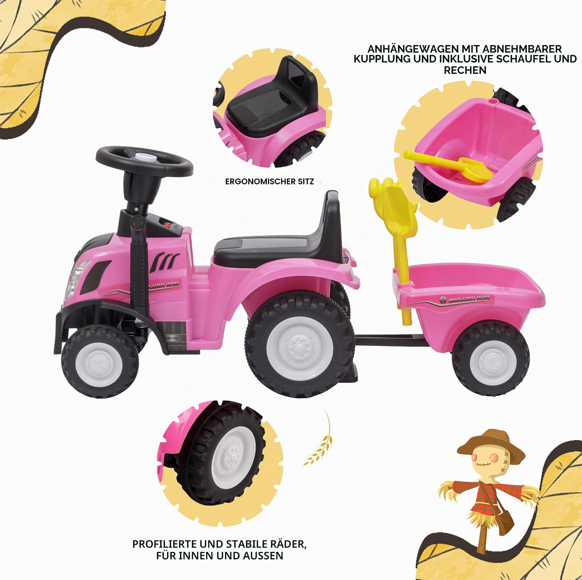 Baroni Toys Ride-On Traktor mit Anhänger für Kinder von 12 bis 36 Monat, Traktor mit Lufthupe, Rutschspielzeug, Sounds und Scheinwerfer funktionieren, inkl. Schaufel und Rechen, 29x91x44 cm (Rosa)