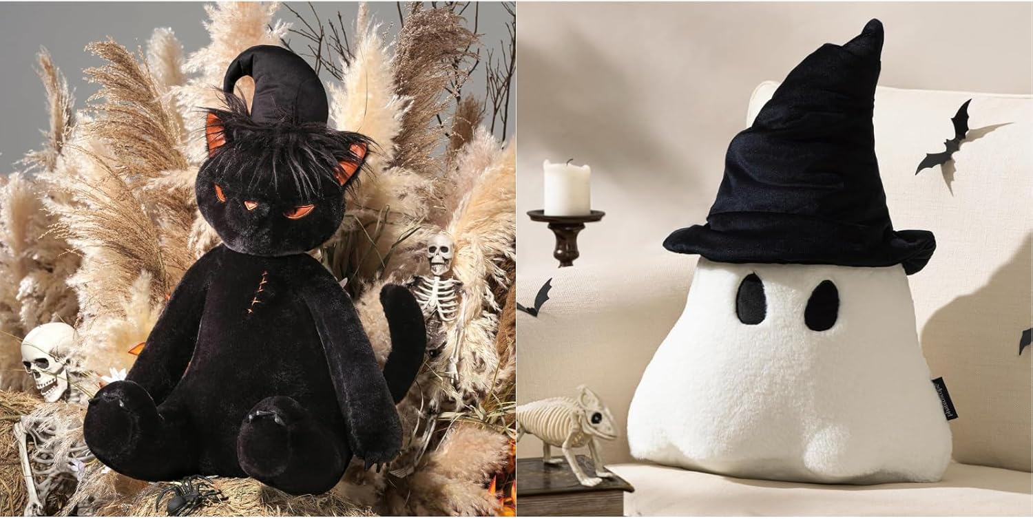 Phantoscope Bundle -Halloween Soft Faux Rabbit Fur Black Cat Shaped Pillow with Wizard Hat Black Wizard Cat 19.5 x 11 inches & Halloween Ghost Shaped Throw Pillow with Witch Hat White 19 x 14 inch