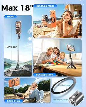 Mini Magnetic Selfie Stick Tripod for MagSafe, Pocket 4.8 Design, 4-in-1 | Zoom Control, Ergonomic Phone Grip, Detachable Multi-Function Bluetooth Remote and Up to 18 Extendable Selfie Stick