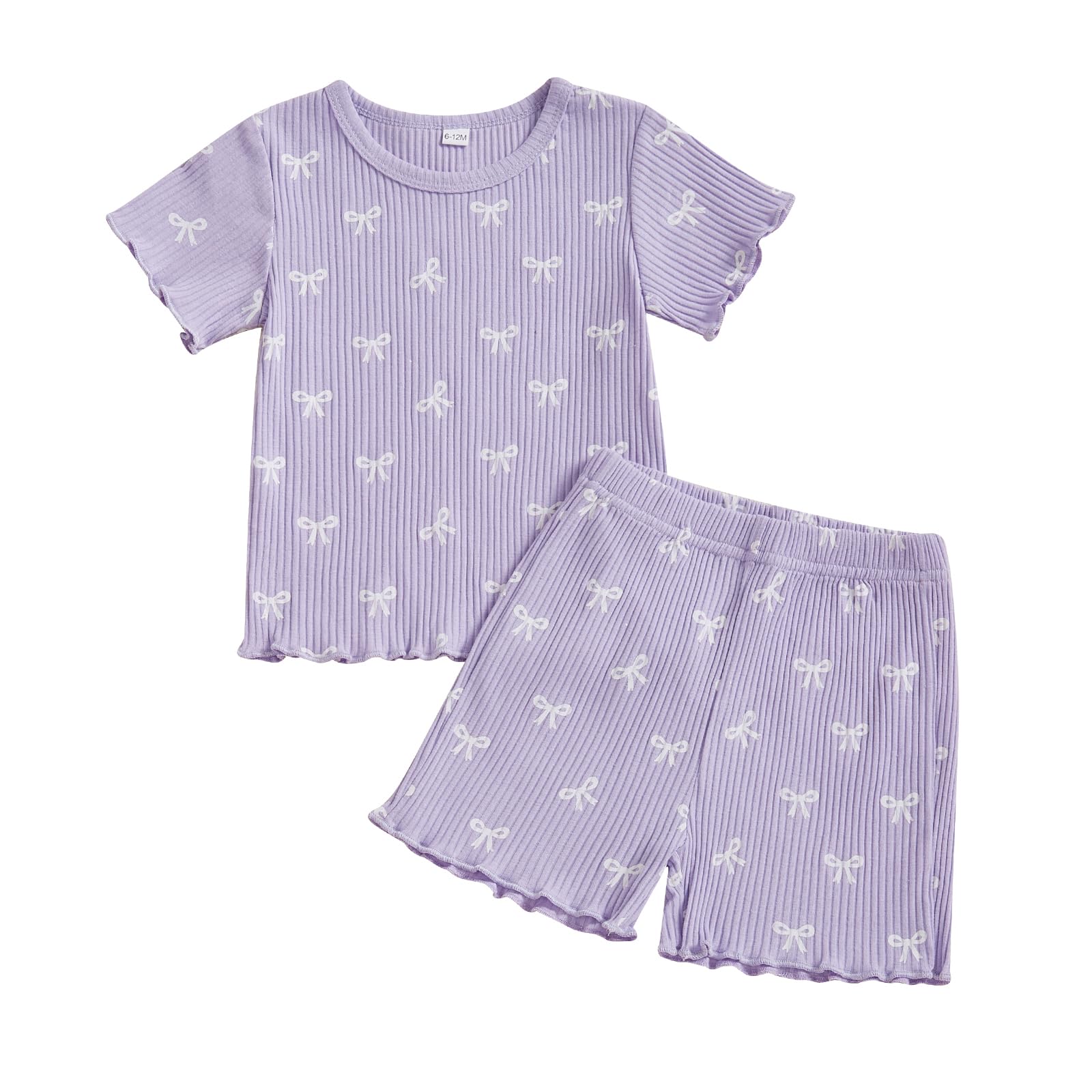 MAINESAKA Toddler Baby Girl Cute Summer Clothes Ribbed Knit 2Piece Shorts Outfit Bow Print Short Sleeve And Shorts Ruffle Set (A-Purple, 18-24 Months)
