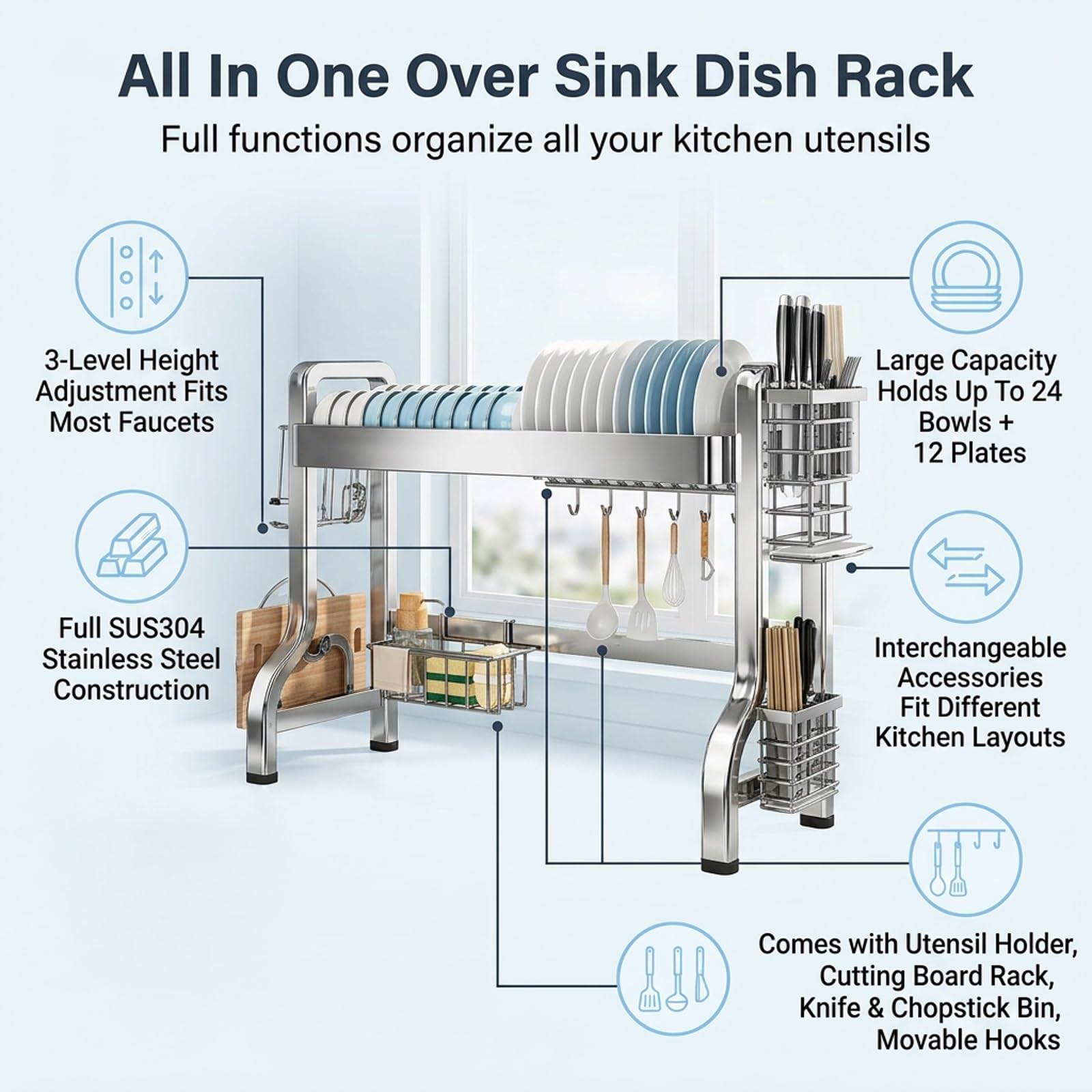 Escurridor de 2 Pisos,Escurreplatos sobre Fregadero | Ahorra Espacio,Acero Inoxidable,con Soporte para Platos,Cubiertos y Vasos(79*29*55cm)