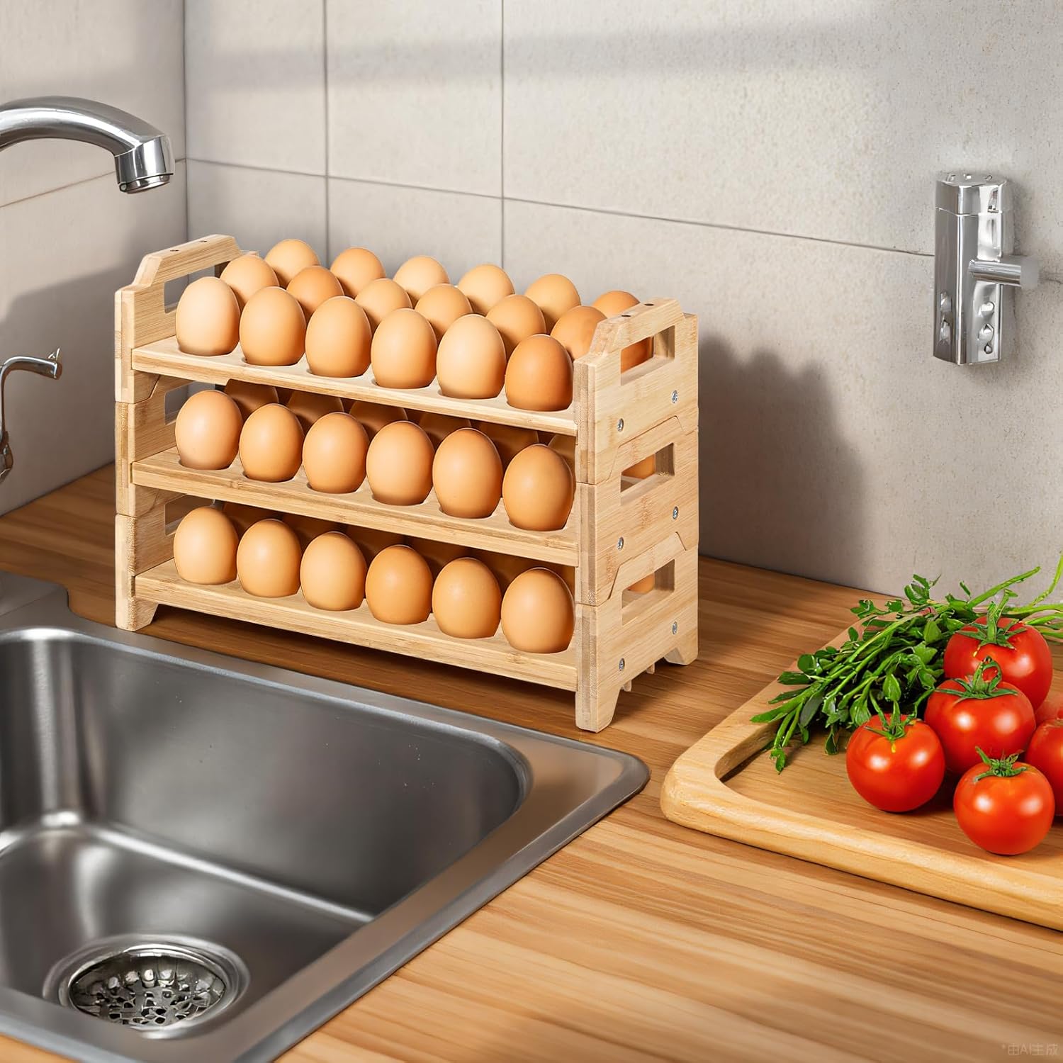 3 Pack Bamboo Egg Holder Countertop Stackable Wooden Egg Storage Basket Farmhouse Eggs Tray Storage Display Rack Holding Up to 54 Fresh Eggs for Chicken, Duck, Turkey Quail