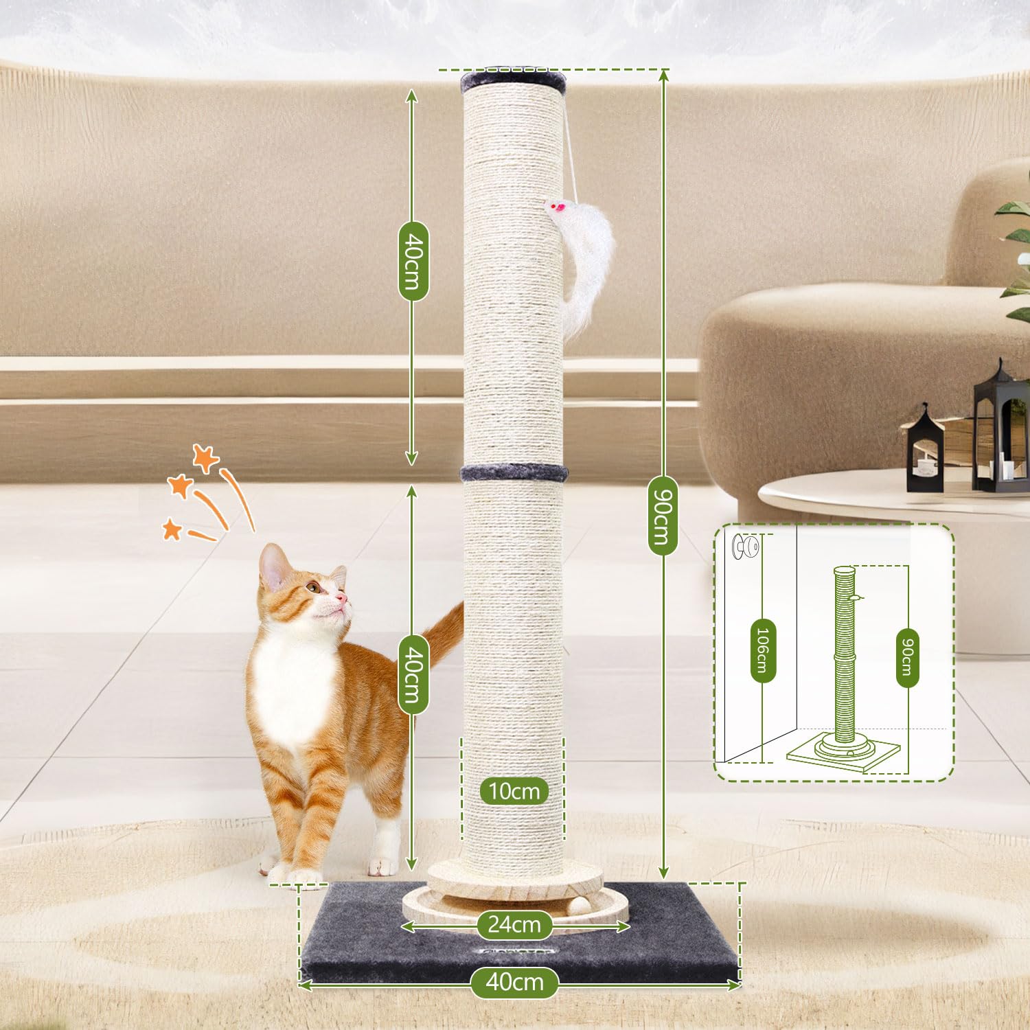 Globlazer Kratzstamm XXL, Kratzsäule Groß Stabil hoch 90 cm & 50 cm 2 IN 1 mit Plüsch Katzenspielzeug 11cm Dicker Stamm Sisal Holz Trackingball, Kratzbaum XXL für Große Katzen (SC35, Dunkelgrau)