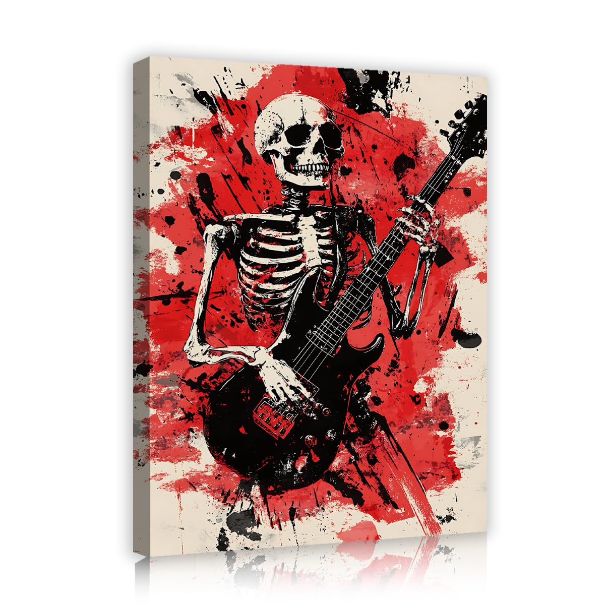 TOANGWALL Skeleton Guitarist Canvas Wall Art Music Skull Print Modern Red Black Splatter Background Gothic Framed Mural Pictures for Bedroom Lounge Studio Decor 65x80cm