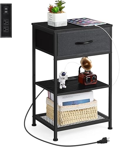 Miniatura 1 de Mesita de noche de 3 niveles moderna con estación de carga, pequeña mesita de noche negra con 1 cajón mesa auxiliar con almacenamiento para sala de