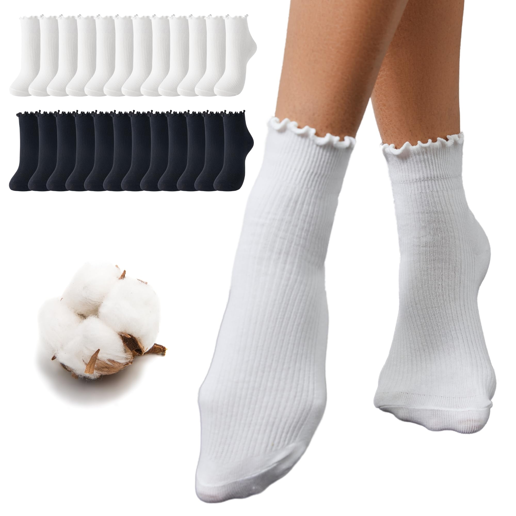 12 Pairs Cotton Quarter Socks for Women, Lightweight Non-Binding Mini Crew Sock, Cute Ruffle Ankle Sock for Uniform