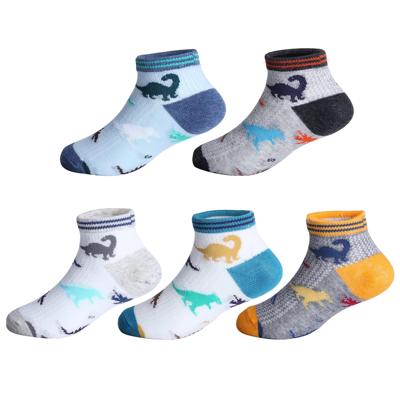 CHUNG Calcetines tobilleros de algodón para niños, paquete de 5/10 unidades, corte bajo, malla de dinosaurio, 2-9 años, peso ligero, para la vuelta a la escuela, correr, deportes, casual