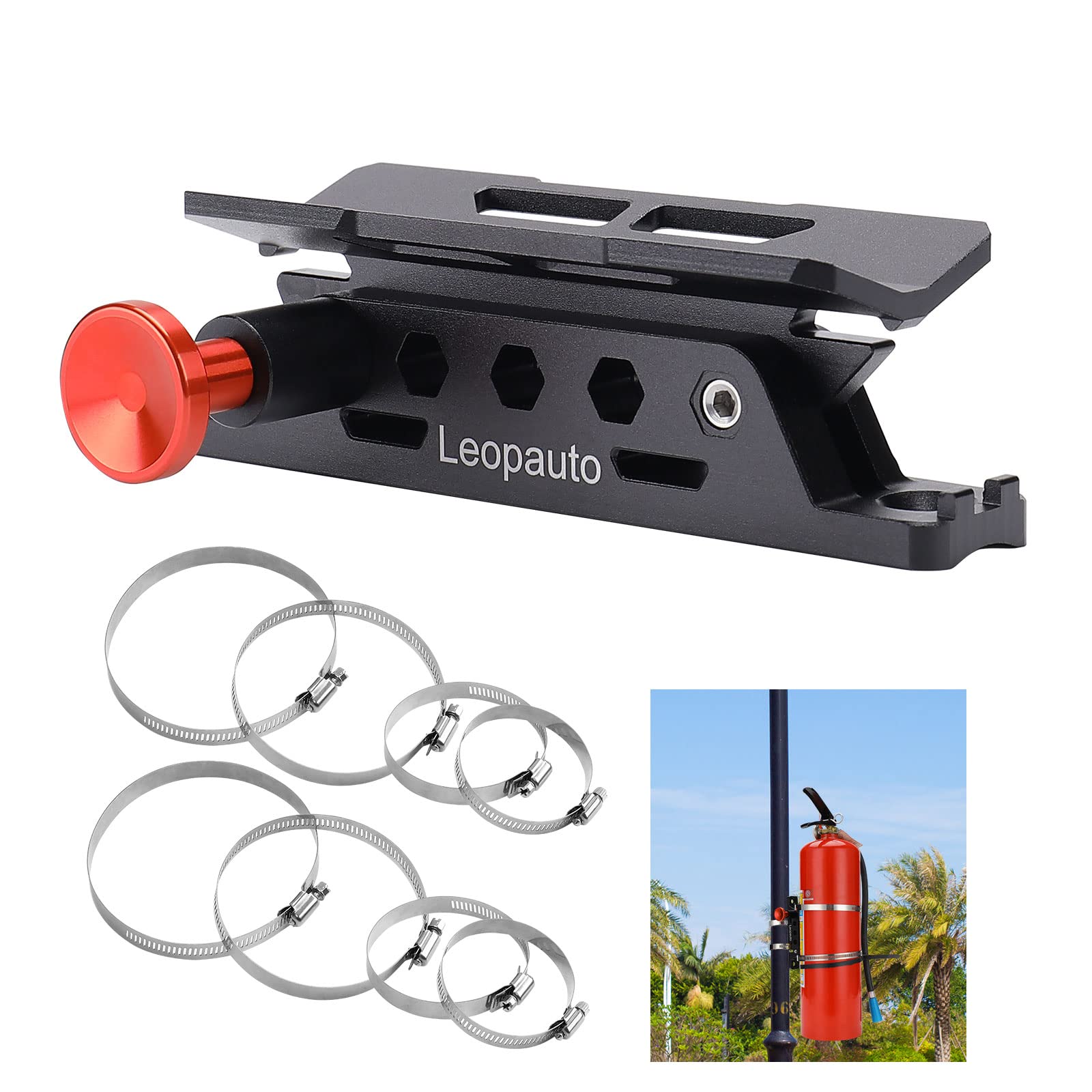 Leopauto Vehicle Fire Extinguisher Mount Bracket, Aluminum Adjustable Quick Release Roll Bar Fire Extinguisher Bottle Mount with 8 Clamps, Compatible with Jeep Wrangler JK TJ Rubicon UTV, Black
