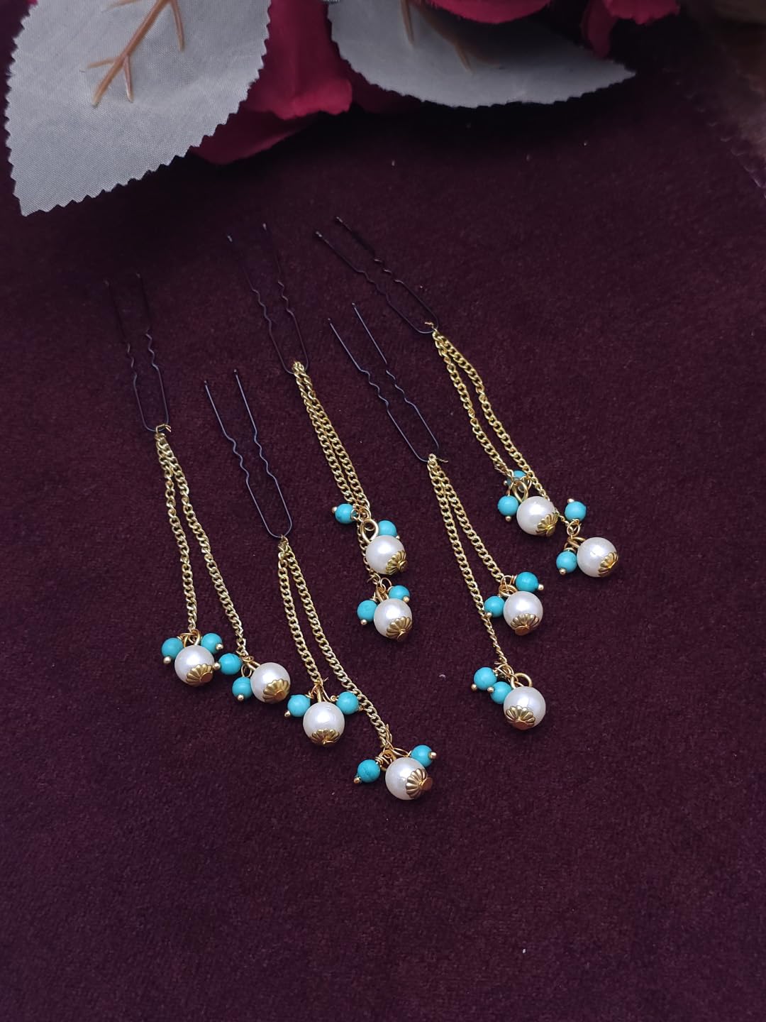 Pearl Hair Pins with Gold Chain, U-Shaped Pins with Beads, Wedding Traditional Hair Pin for Women and Girls, Set of 5 (Light Blue)