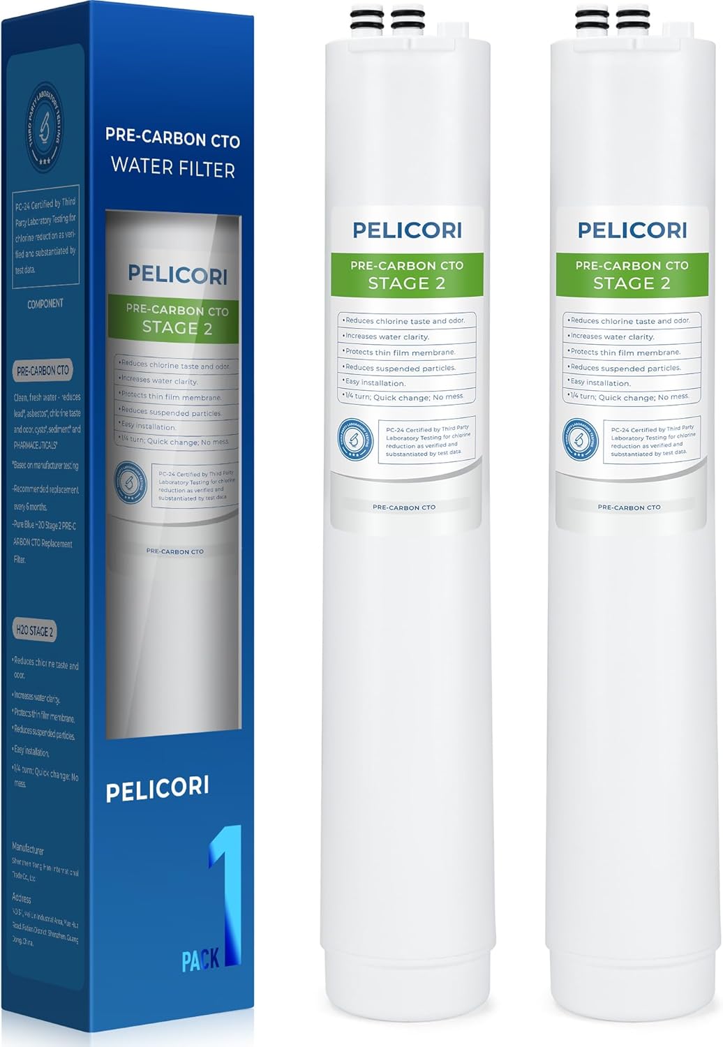 H2O Stage 2 Pre Carbon Block CTO Replacement Filter, Compatible with Pure Blue H2O Stage 2 Pre CTO PB-TLRO4CB2T, 4 Stage PB‑TLRO4H50T Reverse Osmosis Water Filtration System (2 Pack)
