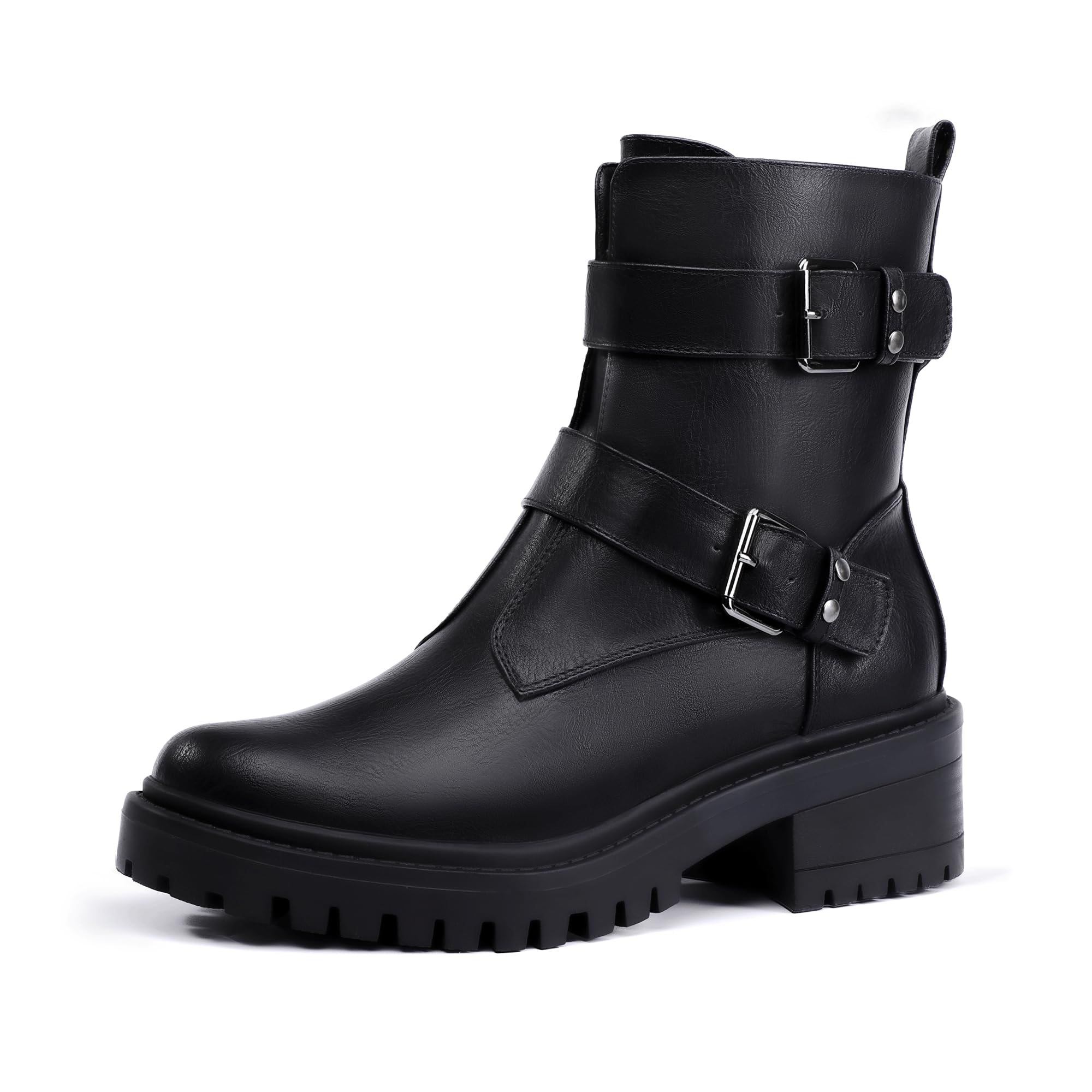 IDIFUBiker Boots for Women Combat Motorcycle Moto Women's Ankle Boots  Comfortable Two Buckles Lug Sole Chunky Low Heel Short Boots Fall Fashion  Cute