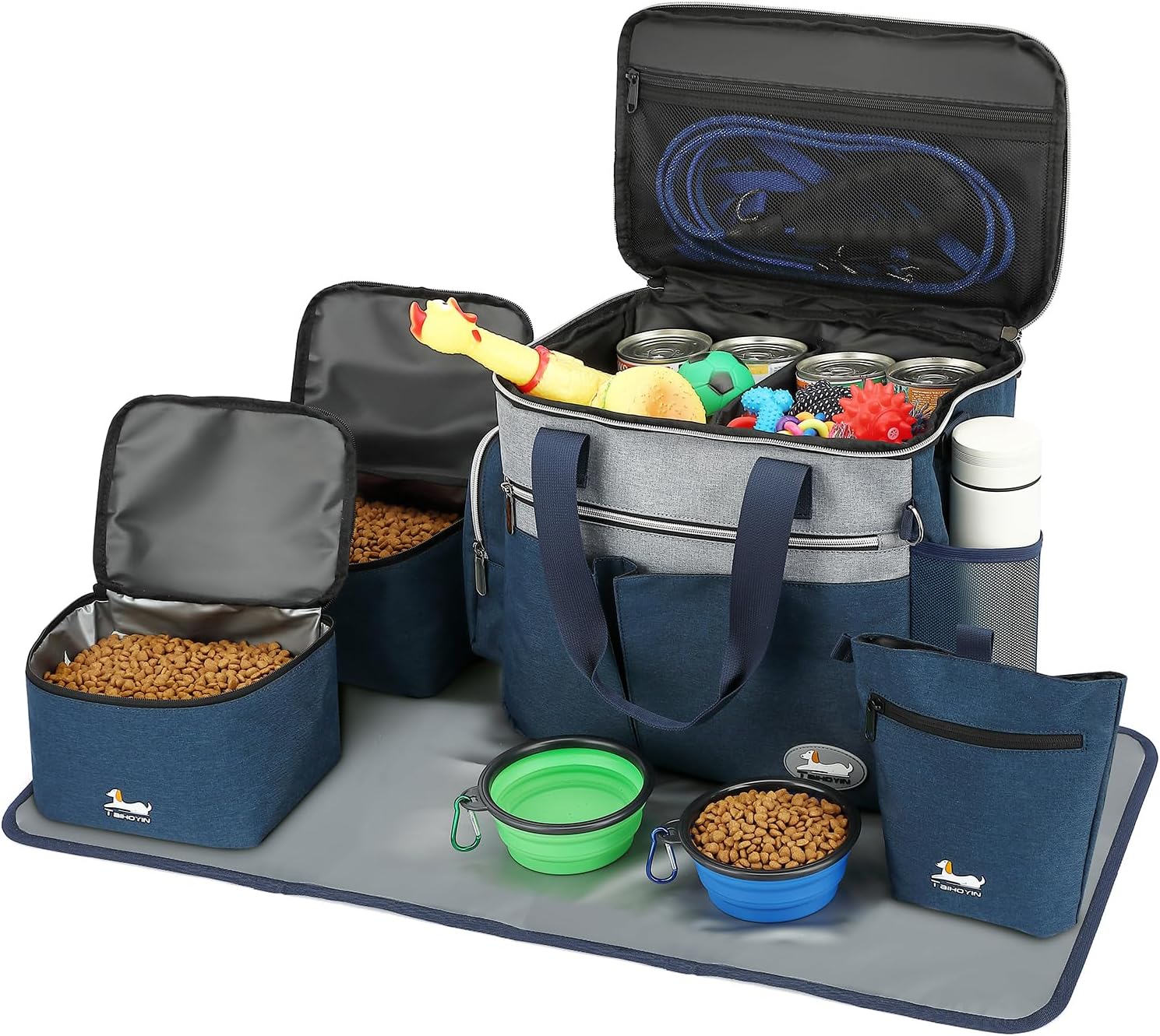 Dog Travel Bag for Pet Kit for Supplies with 2 Food Storage Containers 2 Collapsible Bowls 1 Feeding Mat 1 Dog Treat Pouch 7-Piece Set Perfect Road Trips Camping Weekend Doggy Gift, Navy Blue