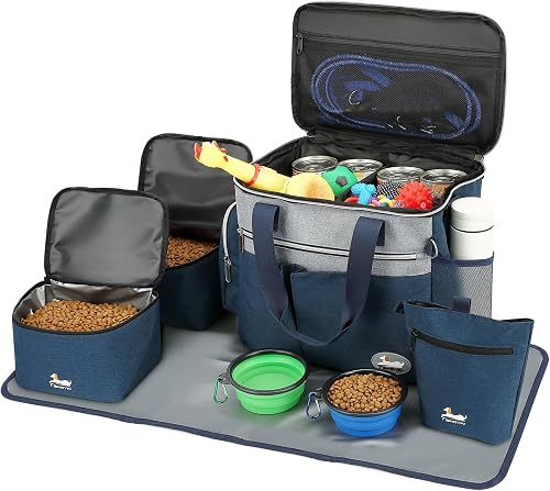 Dog Travel Bag for Pet Kit Outdoor Portable with 2 Food Bags + 2 Collapsible Bowls + Feeding Mat + Dog Treat Bum Pouch for Pet Accessories Organizer for Traveling Walking Camping, Blue