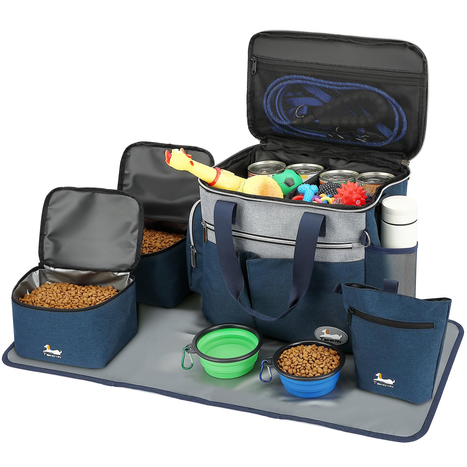 TAIHOYIN Dog Travel Bag for Pet Kit Outdoor with 2 Food Bags + 2 Collapsible Bowls + Feeding Mat + Dog Treat Bum Pouch 7-Piece Set for Pet Accessories Organizer Traveling Walking Camping, Navy Blue