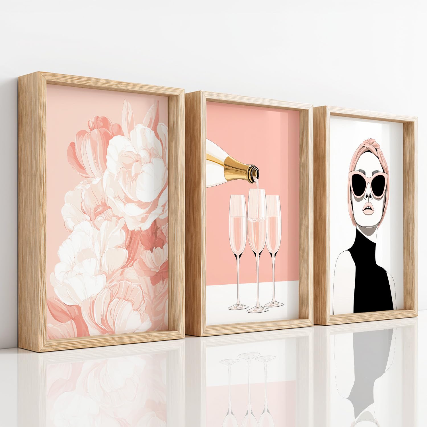 Juego de 3 decoraciones de pared modernas, impresión HD para sala de estar, dormitorio, pósters niña retrato floral rosa elegante sin marco, 40 x 60 cm