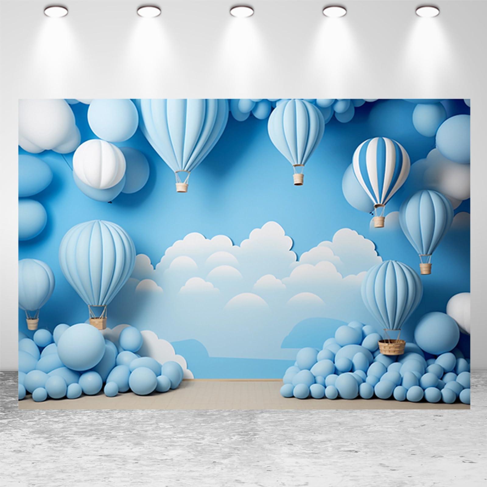 Vinyl Boy 1st Birthday Backdrop Children's 1st Birthday Happy Photography Backdrop Blue Sky Clouds Hot Air Balloons Cake Smash Background Baby Shower Background Banner,7X5FT