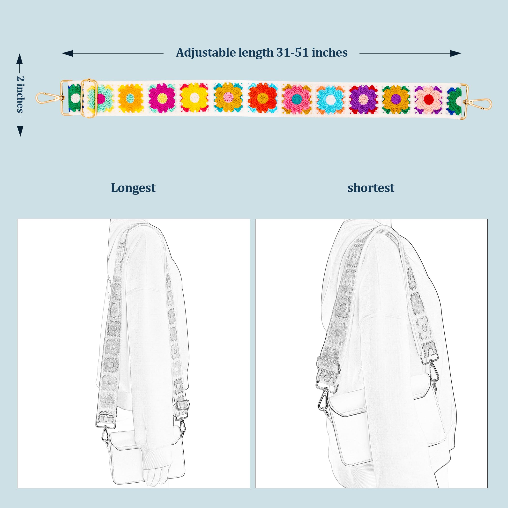 chushui Knit Purse Strap,Colorful Flower Pattern Replacement Crossbody Wide Adjustable Shoulder Strap for Bag Handbag