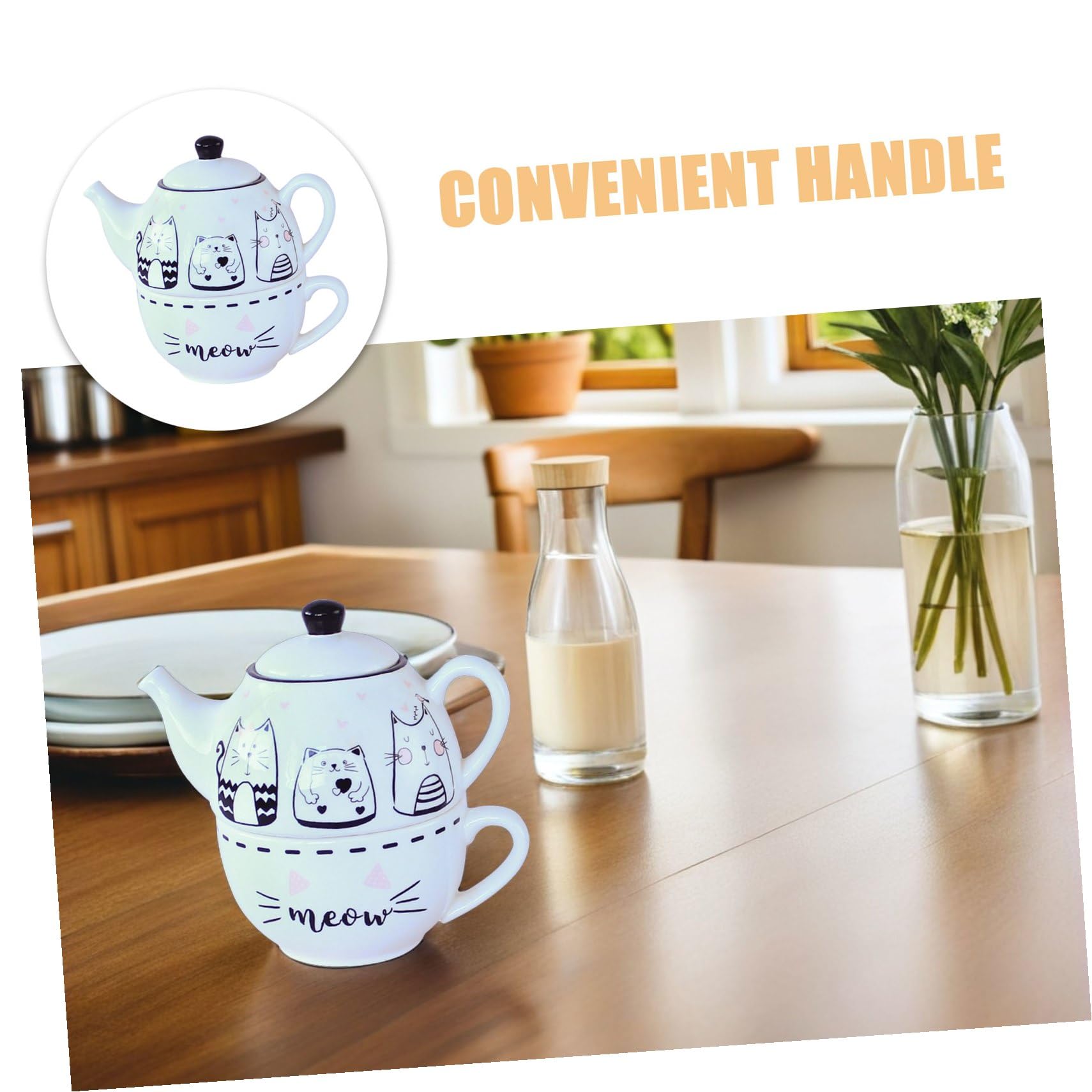 TOYANDONA Set Teiera e Tazza in Ceramica Motivo Gatti, Kit da Tè per Uso Domestico, Design Decorativo Bianco, Adatto per Casa, Ufficio e Regalo
