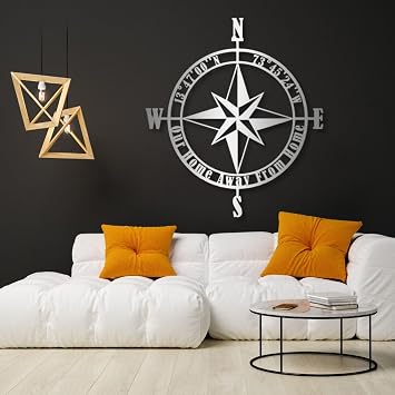 Compass Metal Wall Decor, Nautical Compass Metal Wall Art, Large Metal Compass Wall Decor, Compass Rose Metal Wall Art, Metal Wall Decor for Living Room Bedroom Bathroom 24"x21" | 60x53.5 cm, Silver