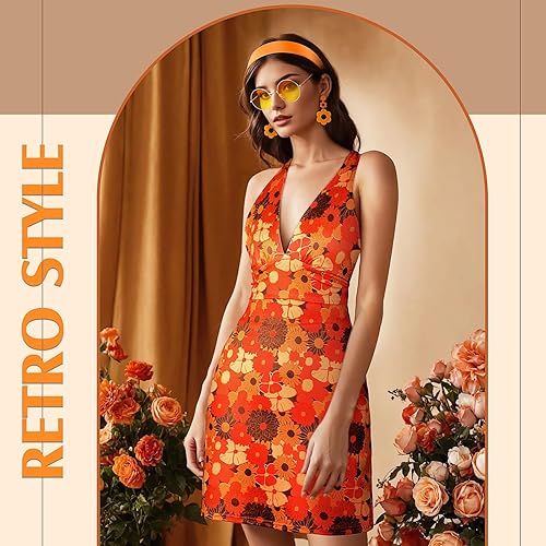 Miniatura 5 de SATINIOR 4 piezas de disfraz hippie de los años 60 y 70 para mujer, disfraz retro de discoteca, vestido genial con diadema, aretes, lentes de sol
