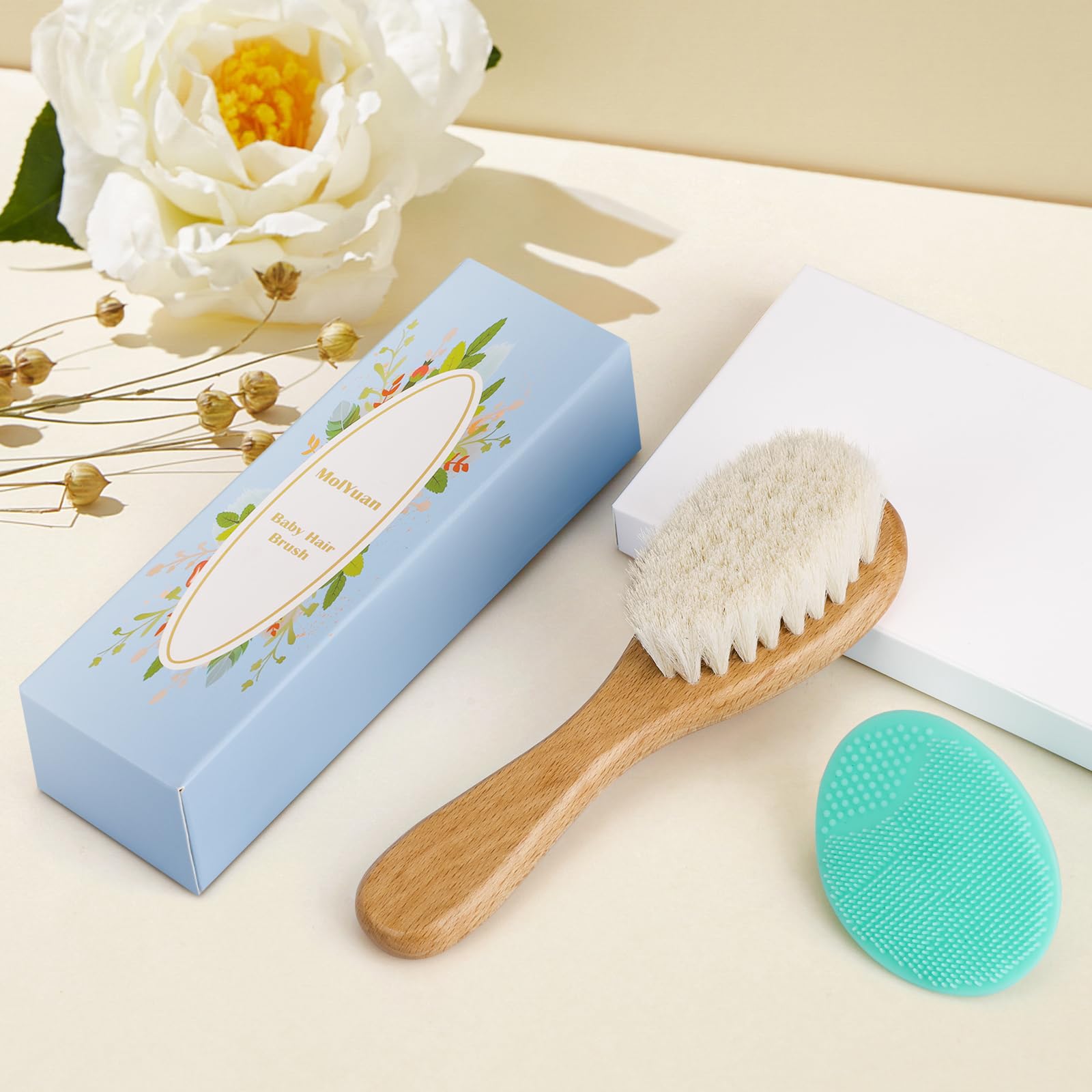 Brosse cheveux bebe, à cheveux Poils de chèvre doux Premium Brosse à bébé en bois pour Cradle Cap, garçons et filles, pour enfant et nouveau-né, Vert Brosse de chapeau de berceau